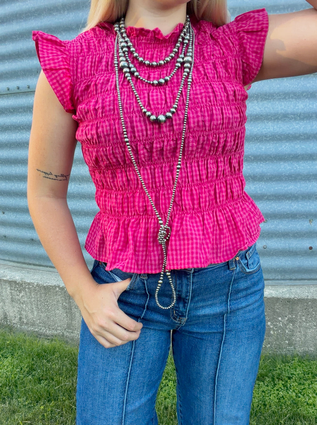 Gingham Plaid Shirred Tank Top