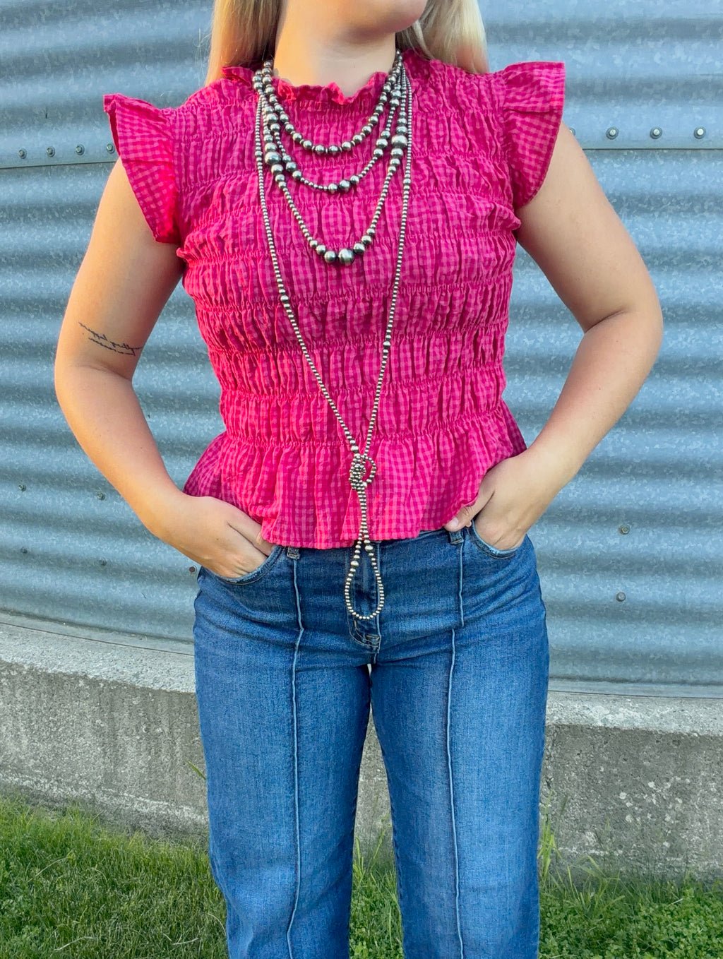 Gingham Plaid Shirred Tank Top