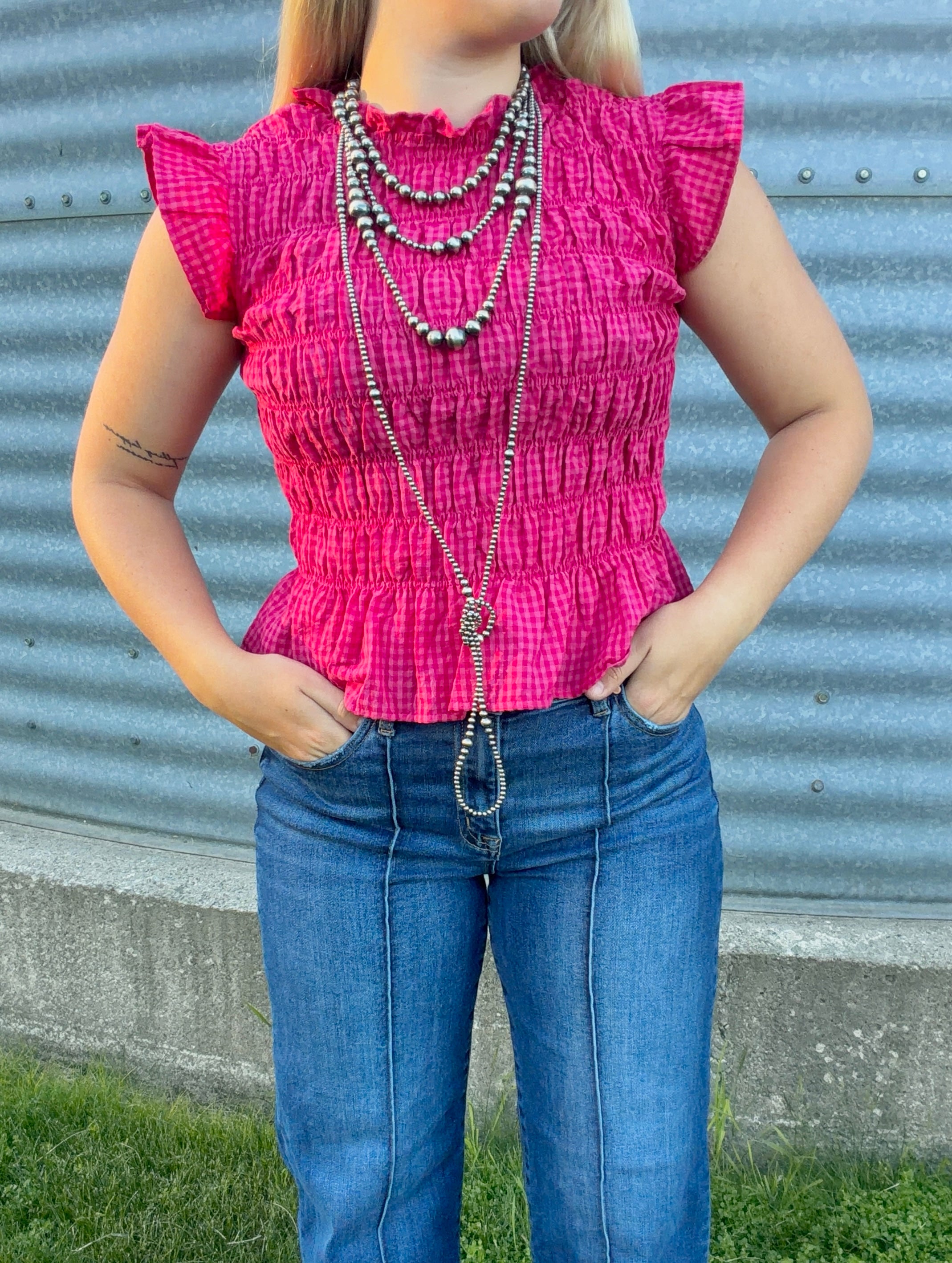 Gingham Plaid Shirred Tank Top