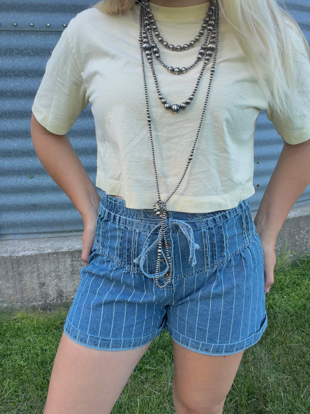 Stripe Denim Pleated Drawstring High Waist Short