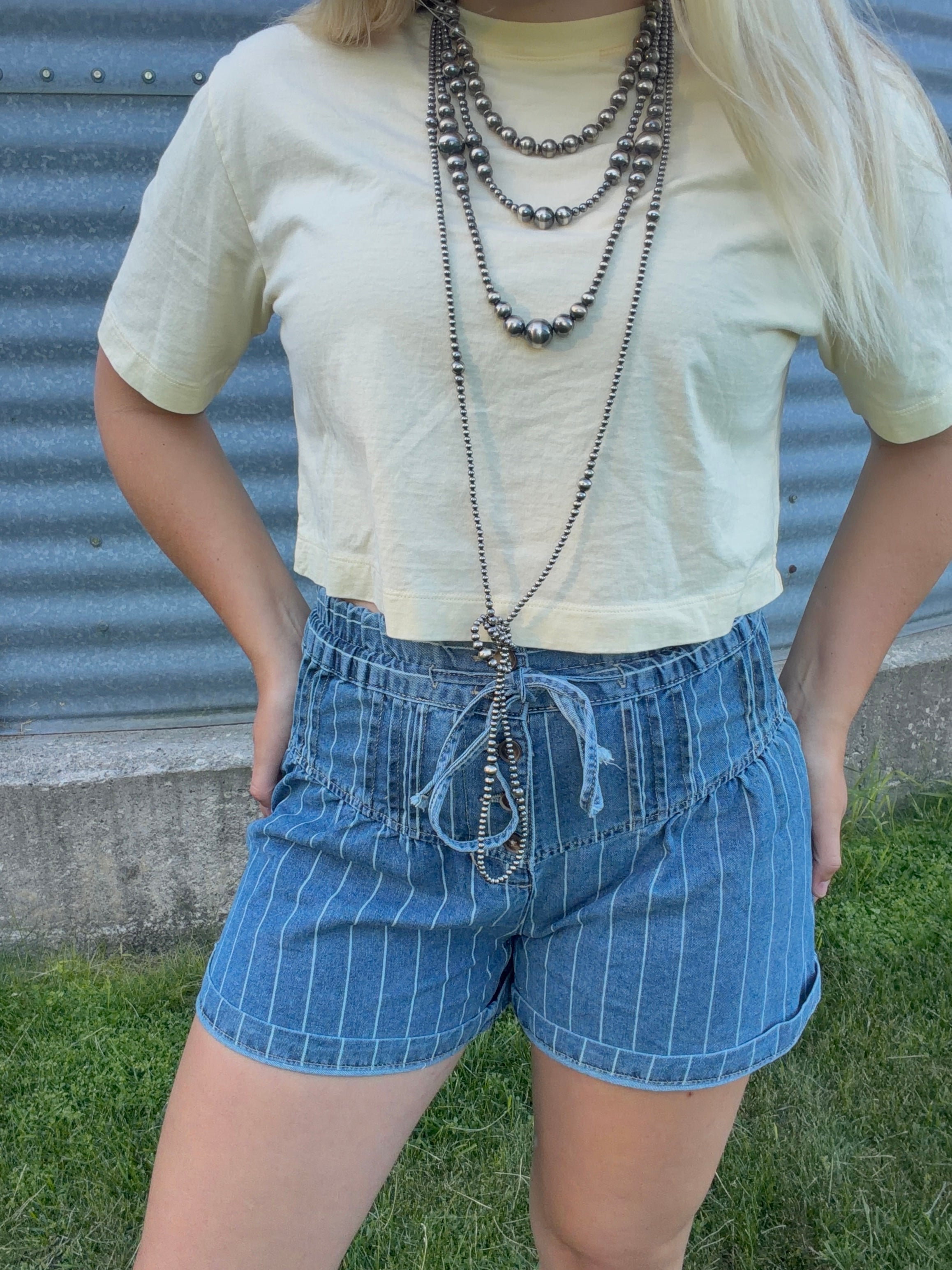 Stripe Denim Pleated Drawstring High Waist Short