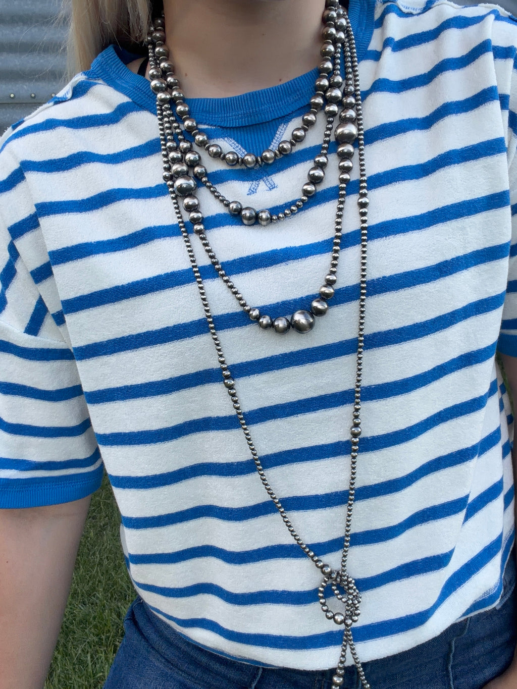 Oversized striped waist length tee - blue