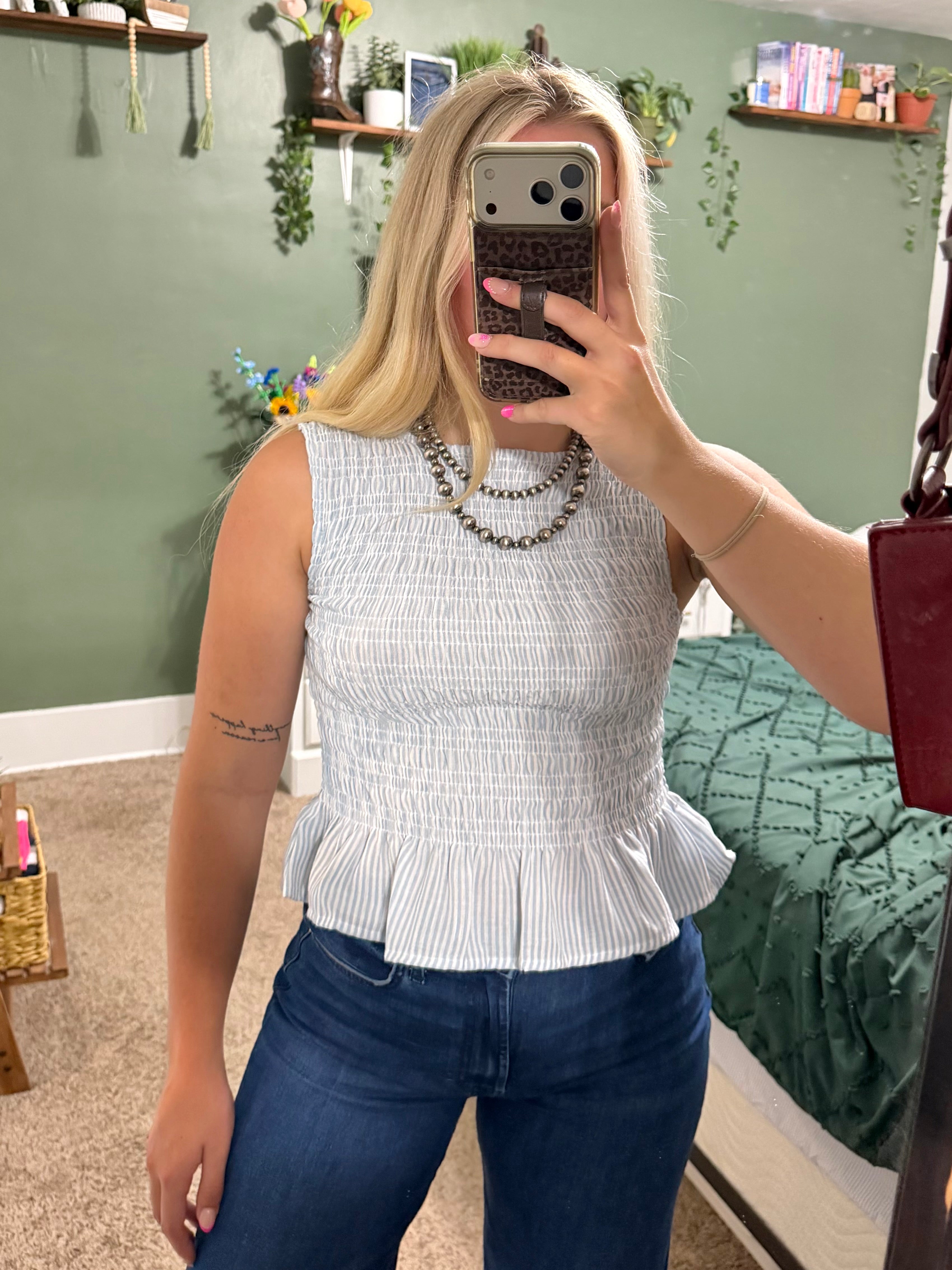 Striped Lgt Blue Smocked Blouse