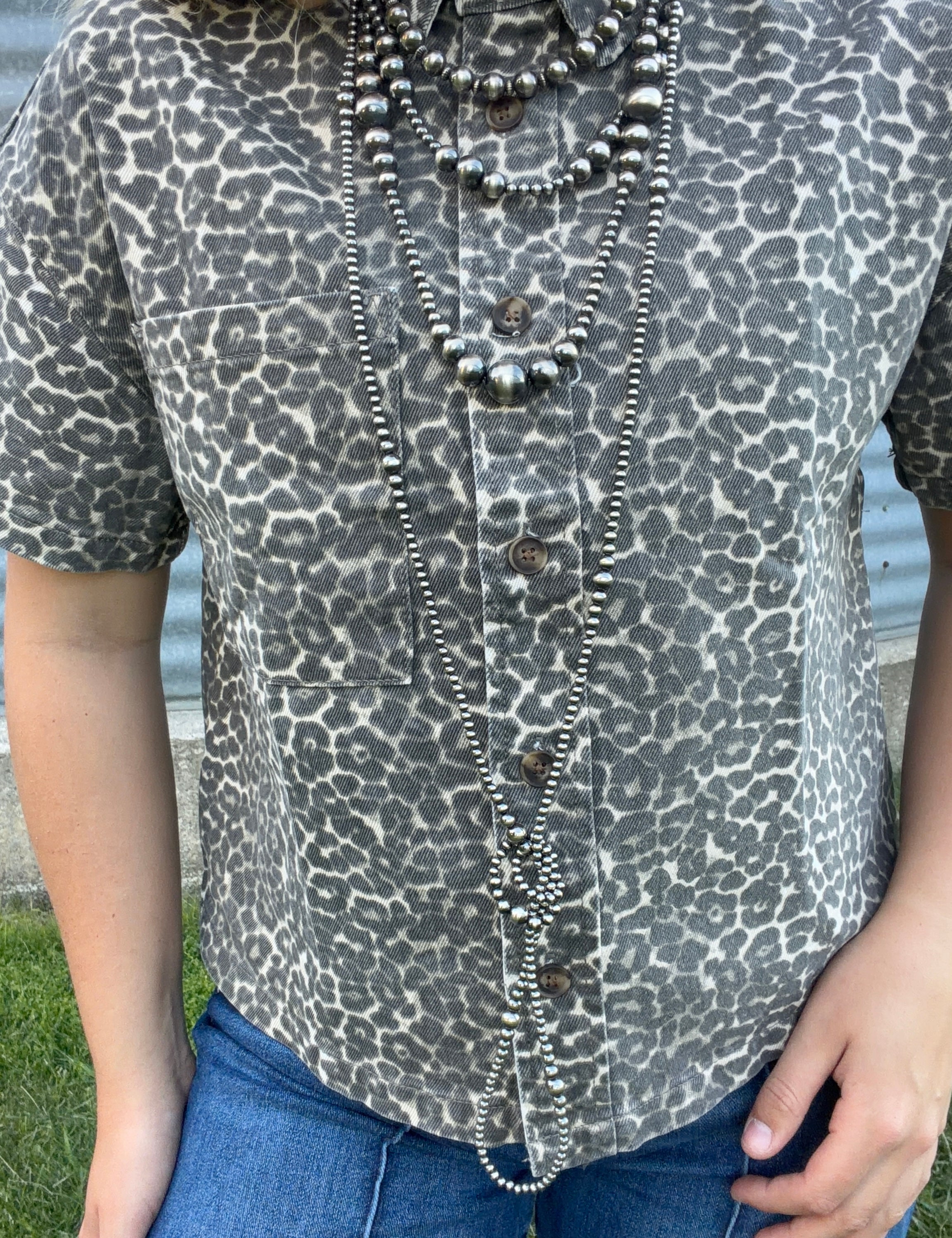 Leopard Denim Short Sleeve Button Cropped Shirt