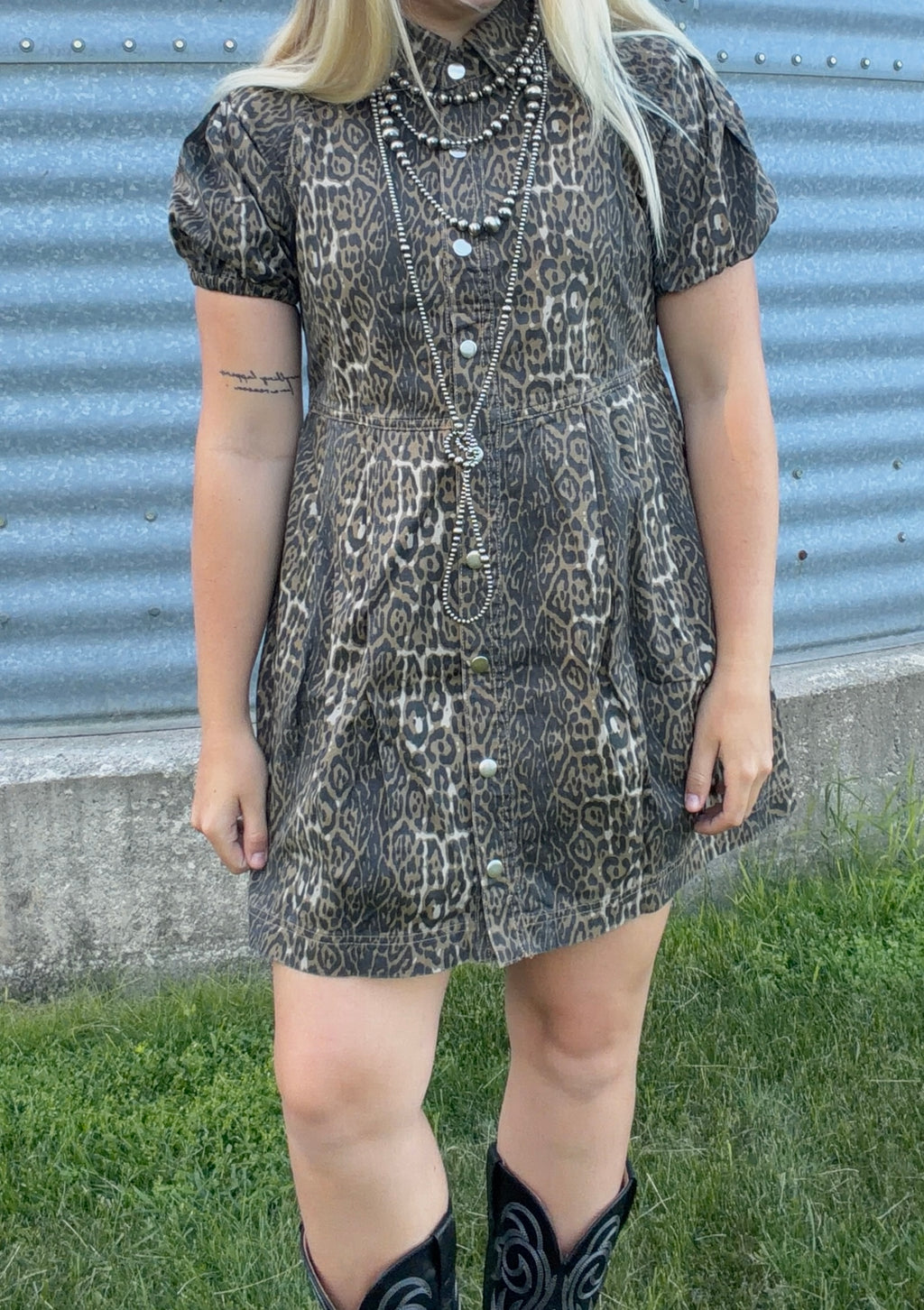 Leopard Denim Pleated Mini Dress