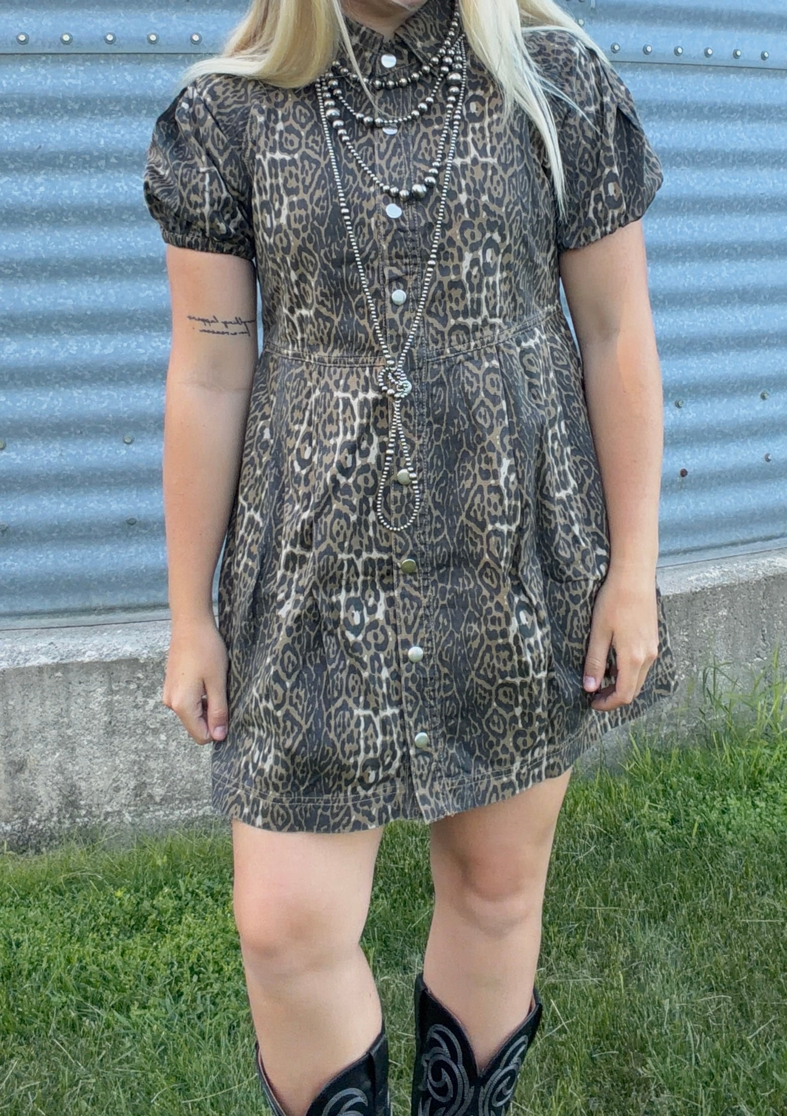 Leopard Denim Pleated Mini Dress