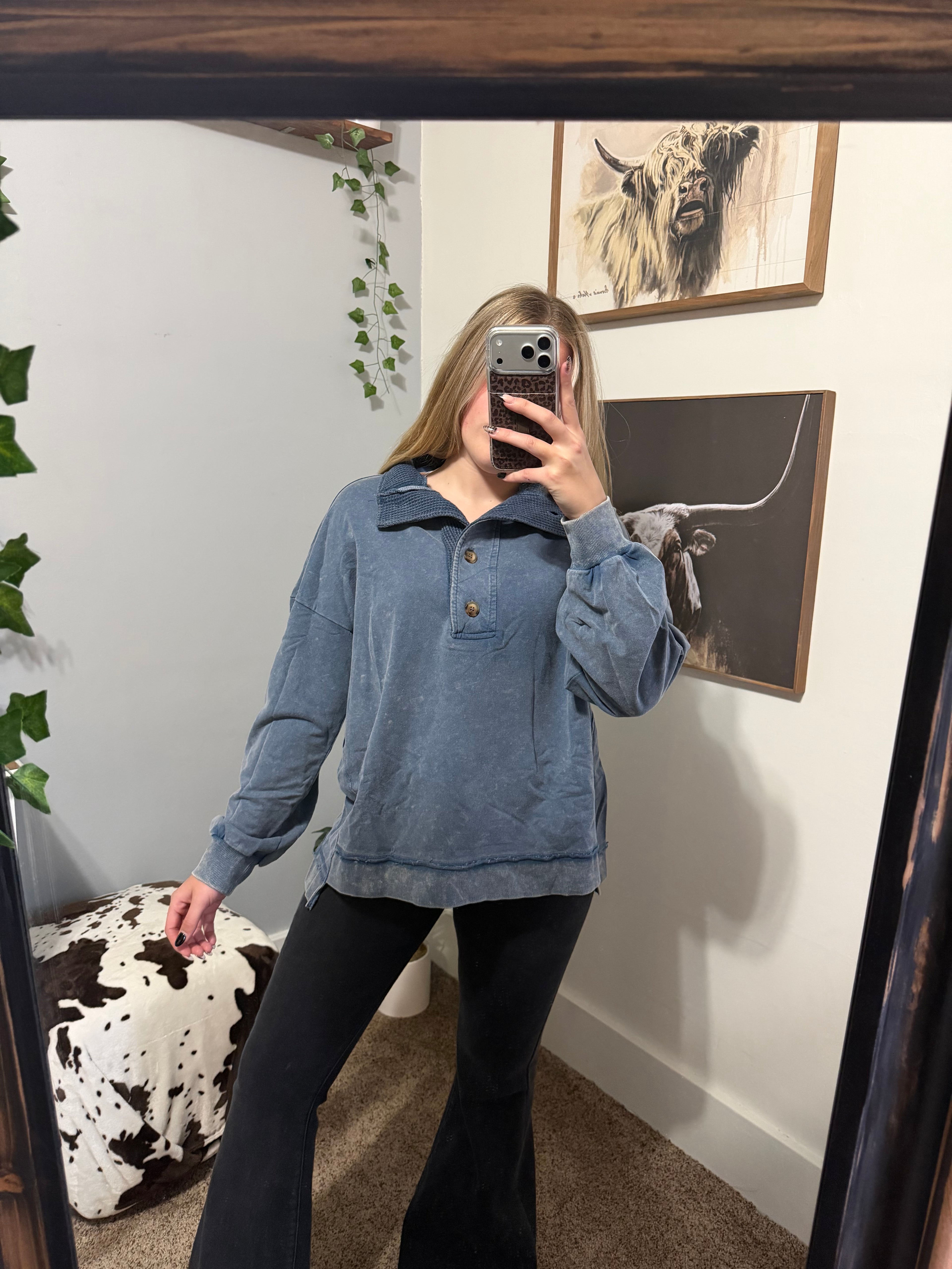 Denim oversized washed mock neck