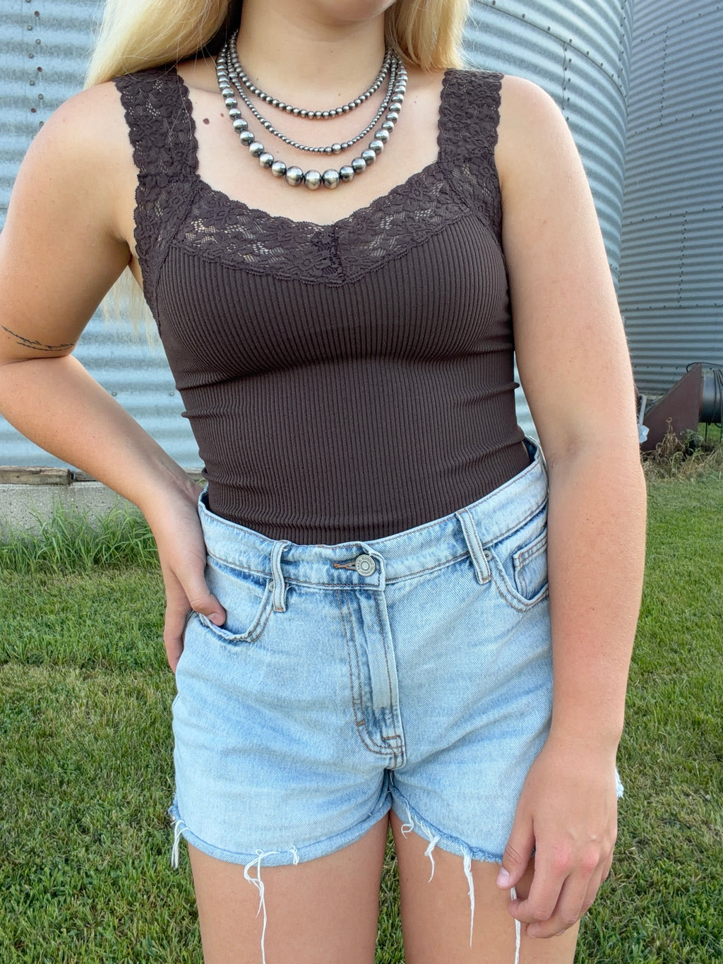 Seamless Ribbed Lace Tank Top