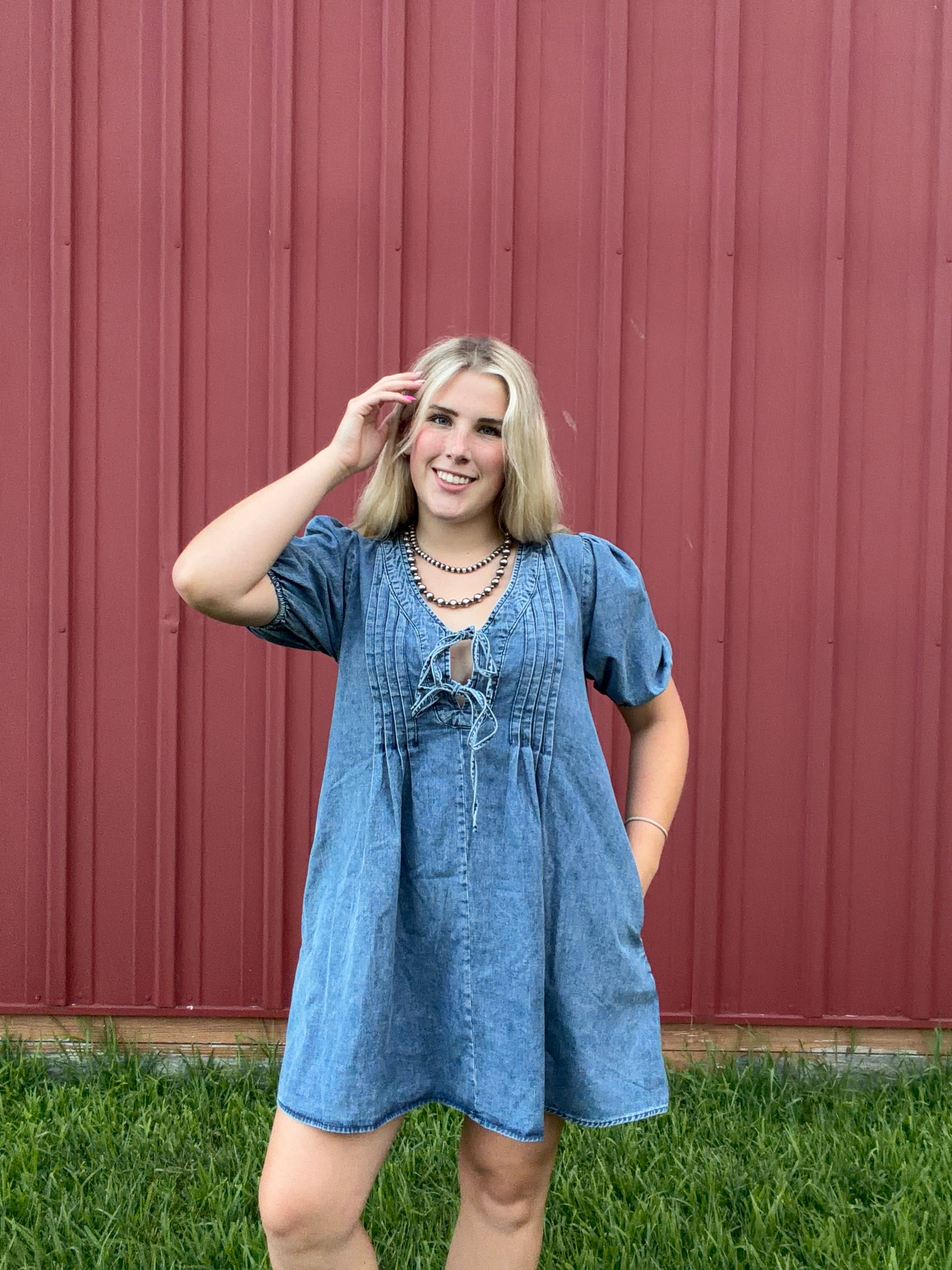 Pleated Denim Dress