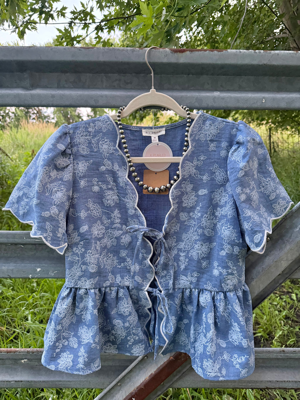 Floral Emboridory Scalloped Denim Top