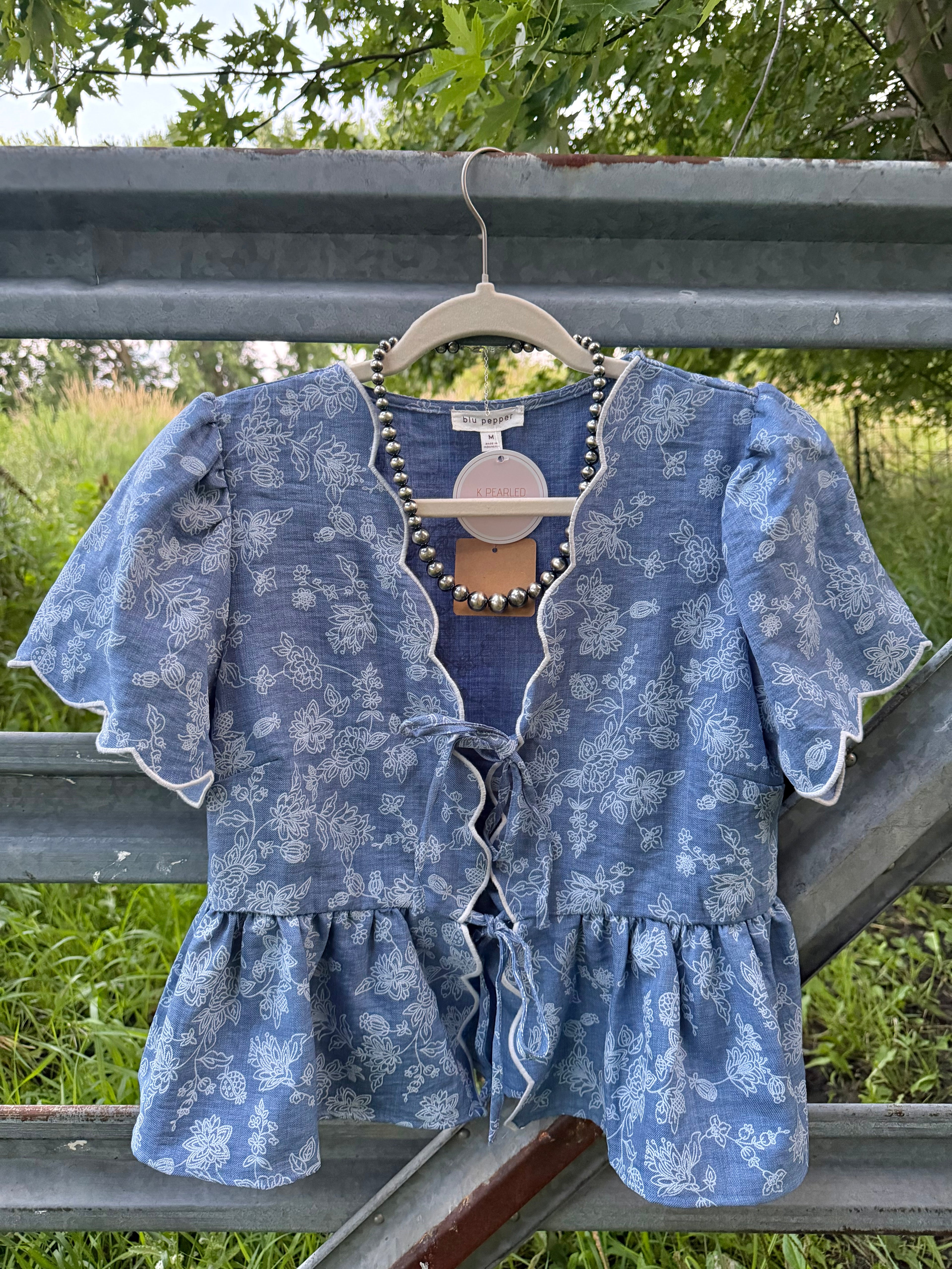 Floral Emboridory Scalloped Denim Top