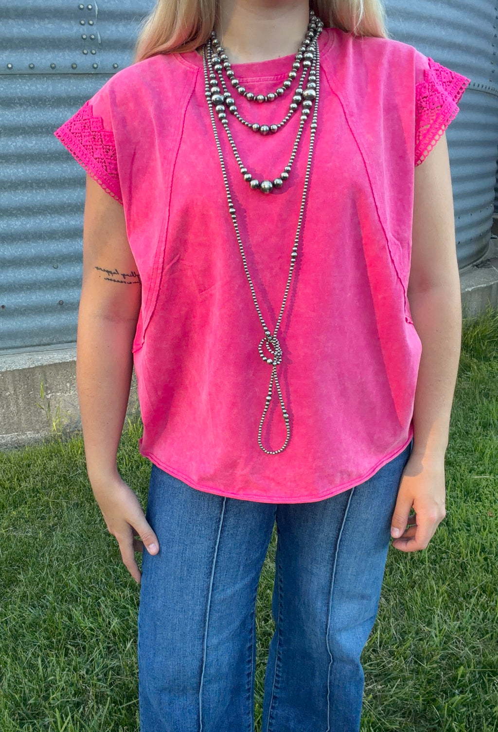 Wash Raw Seam Detail Lace Trim Top