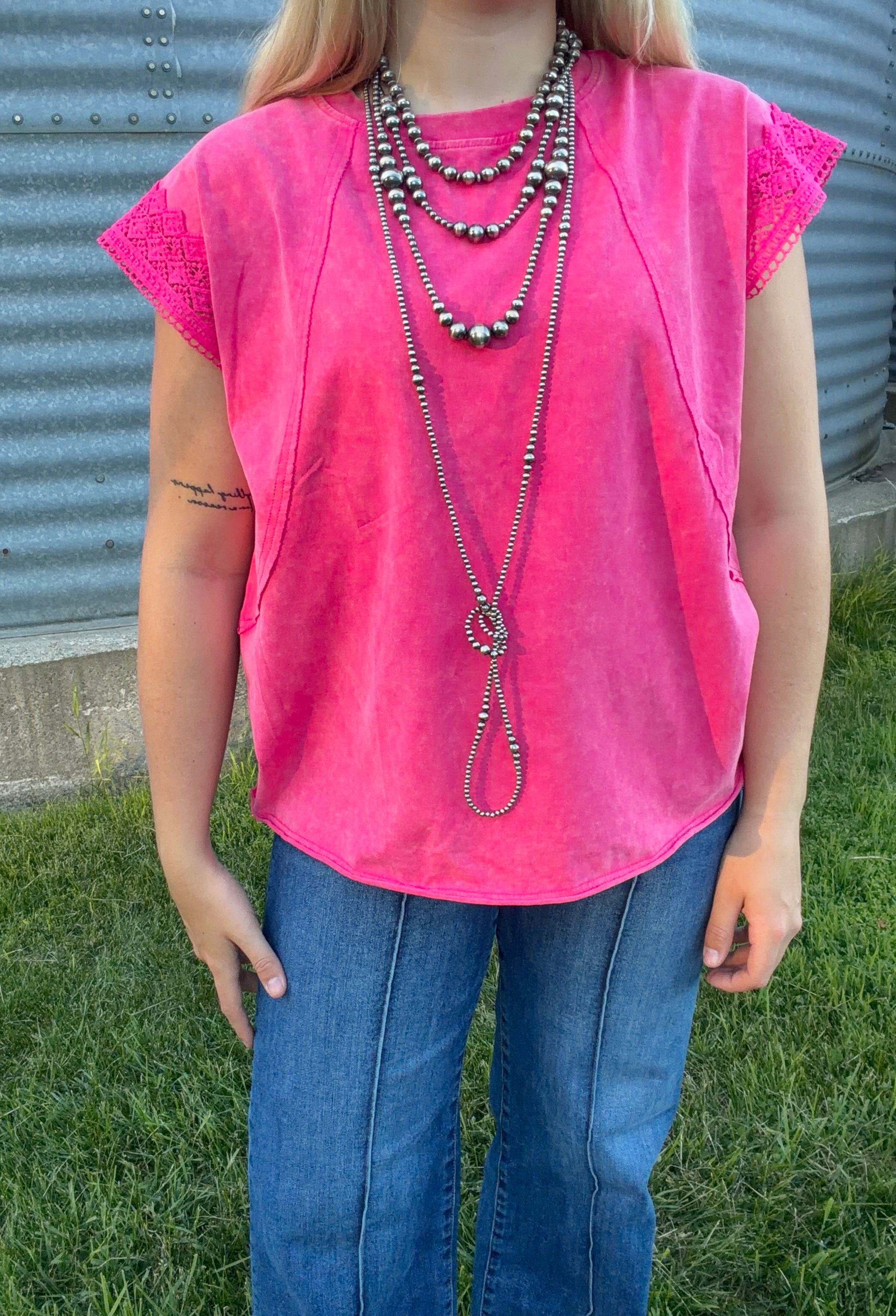 Wash Raw Seam Detail Lace Trim Top