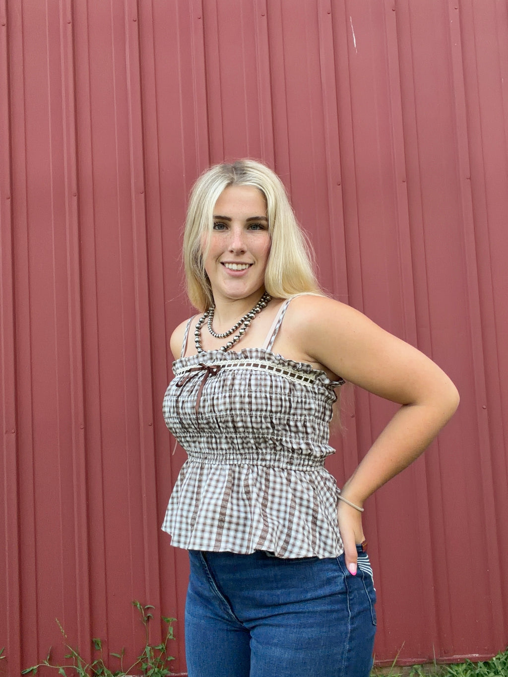 Smocked Gingham Lace Top
