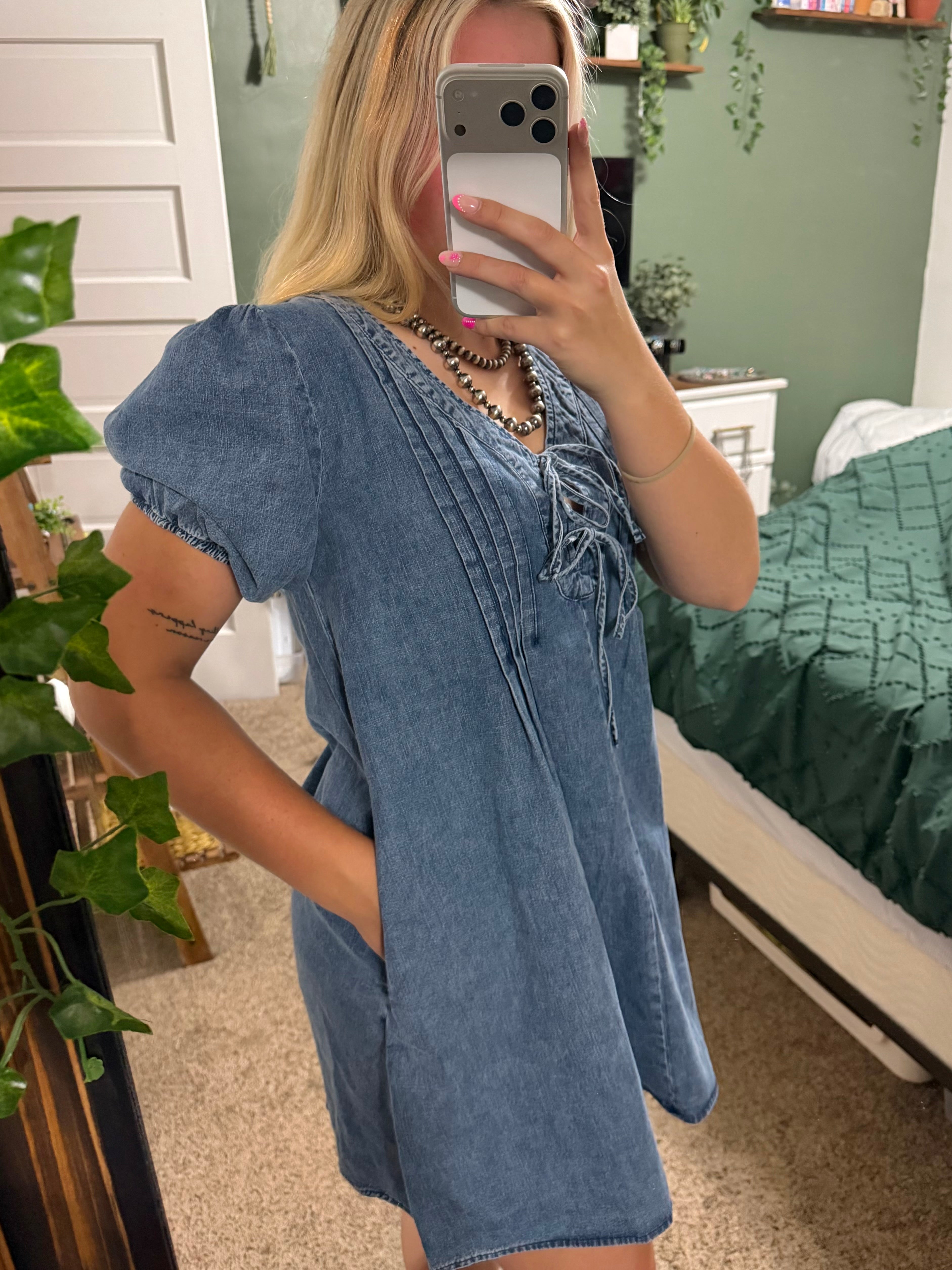 Pleated Denim Dress
