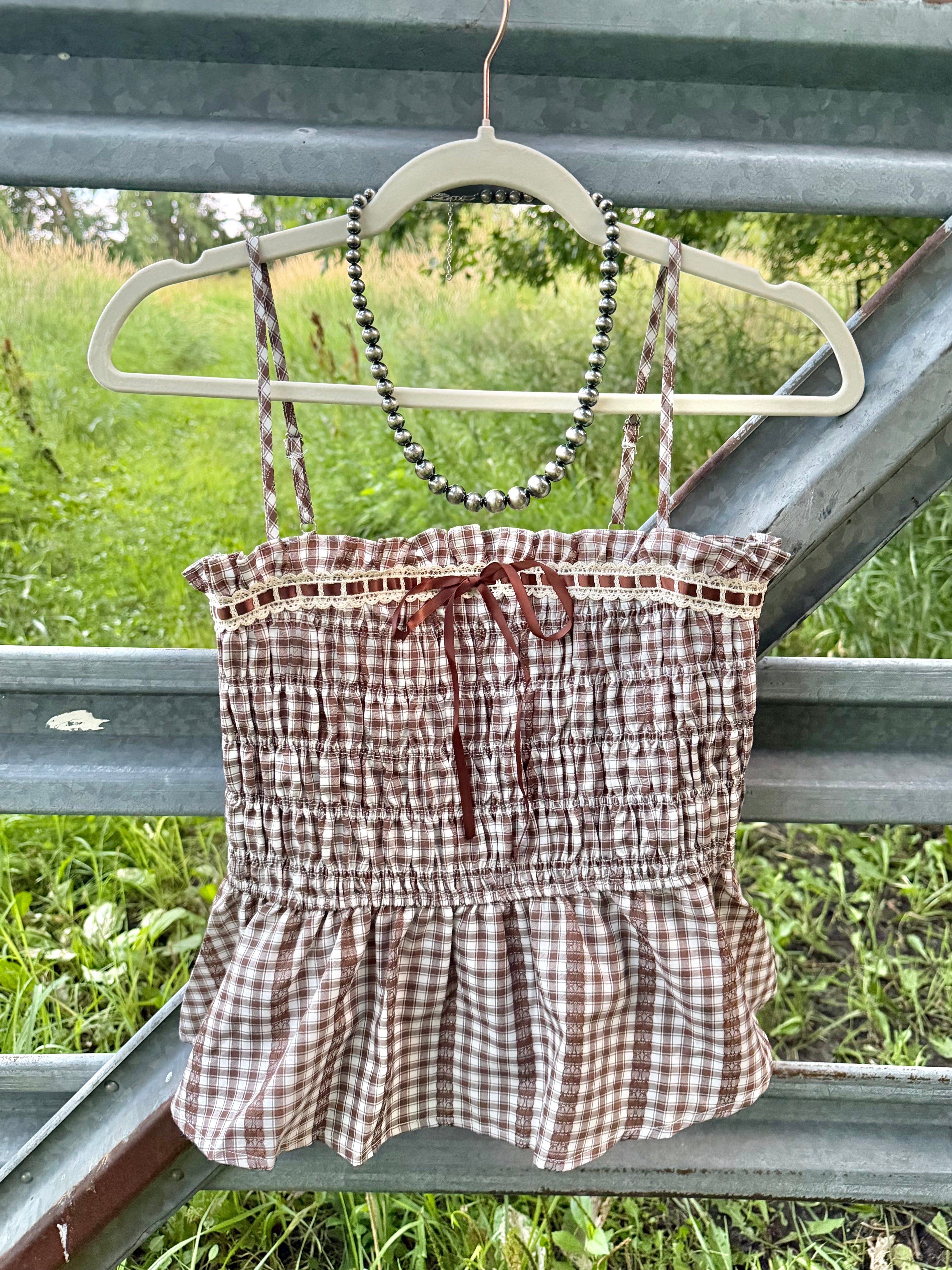 Smocked Gingham Lace Top