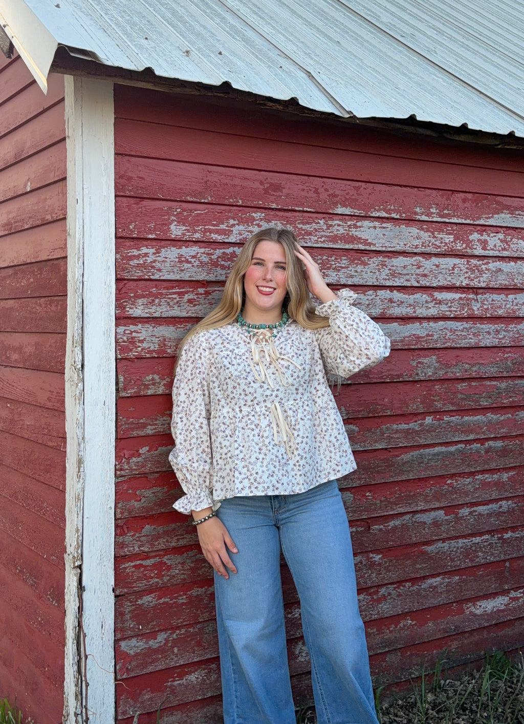 Bow tie front floral blouse