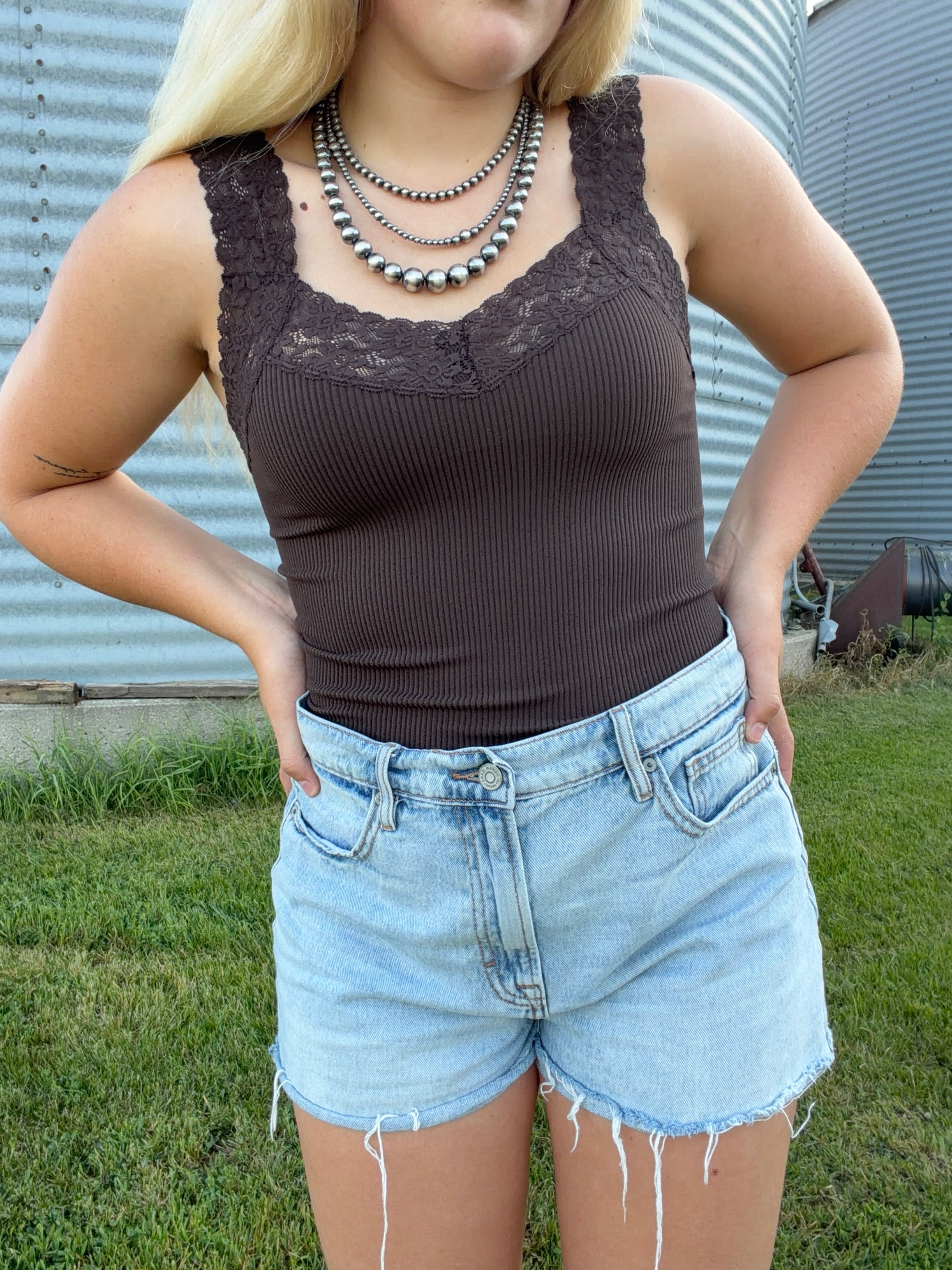 Seamless Ribbed Lace Tank Top