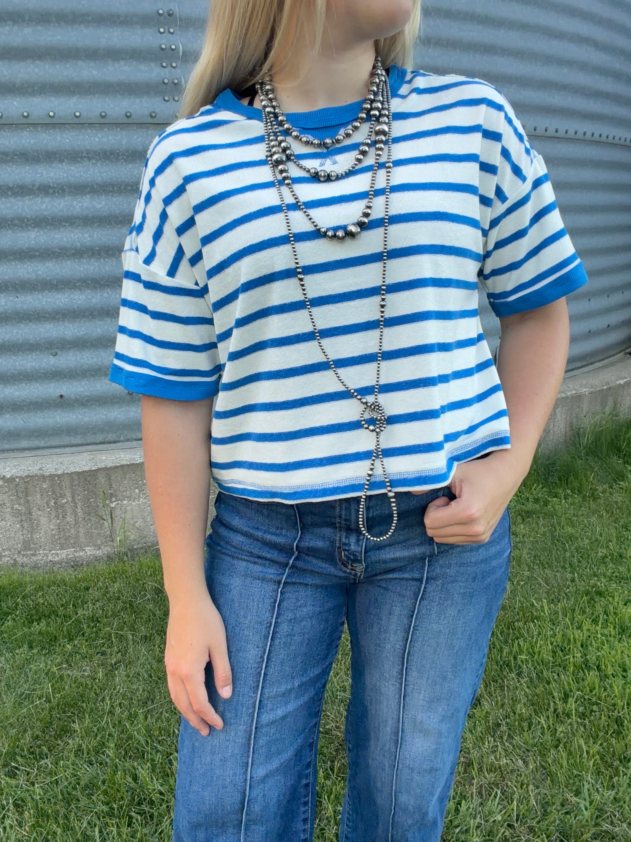 Oversized striped waist length tee - blue