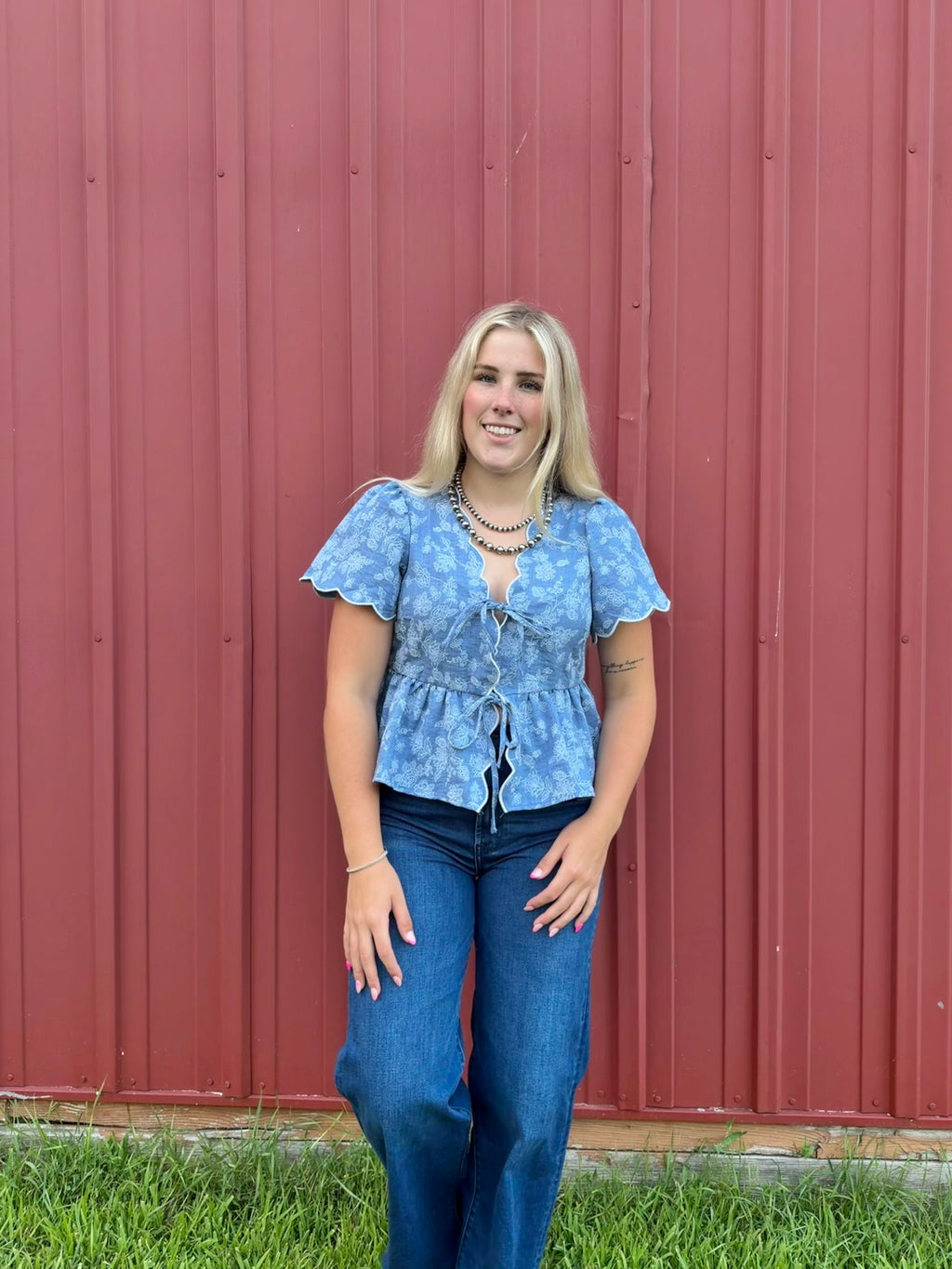 Floral Emboridory Scalloped Denim Top
