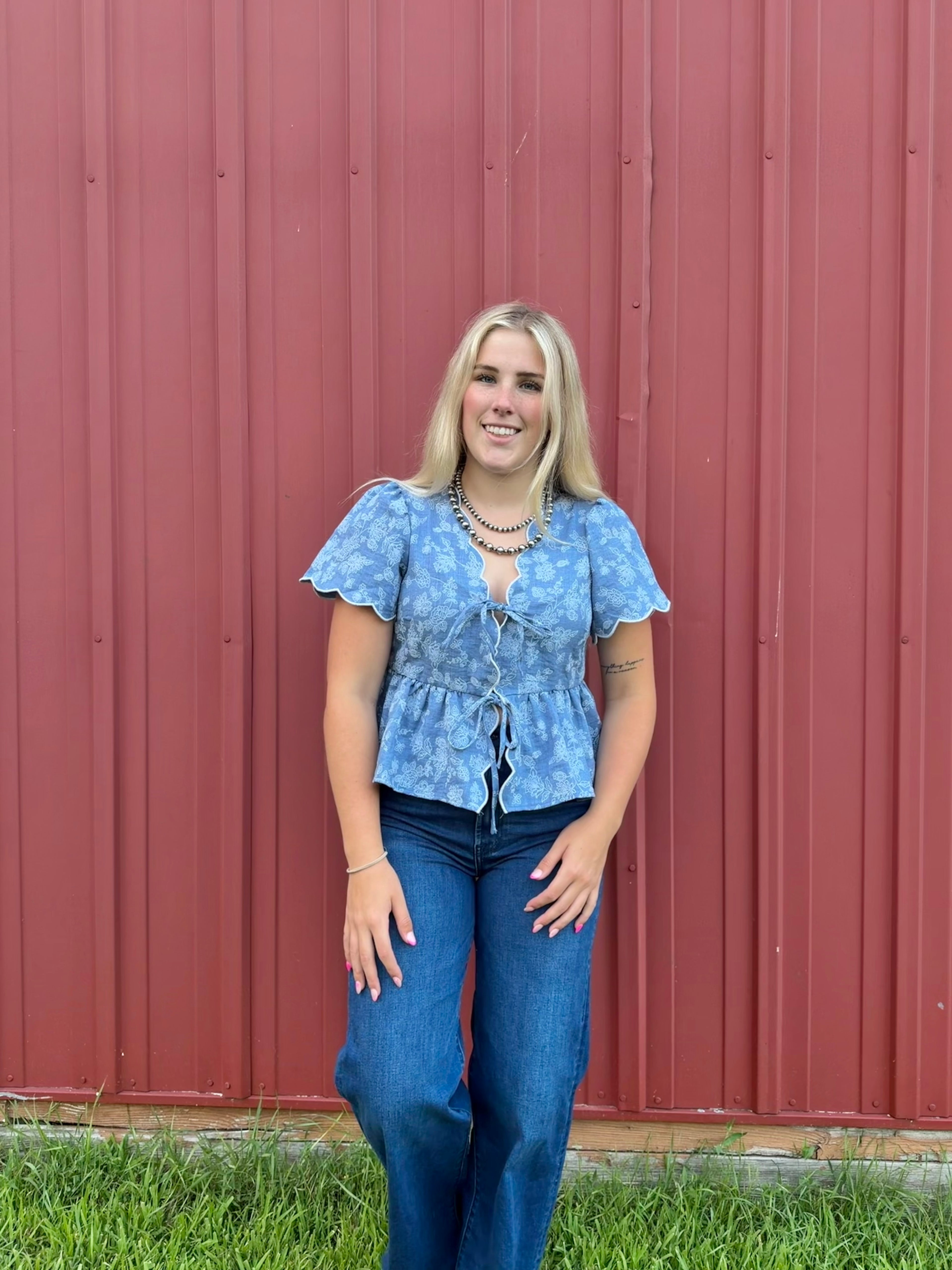 Floral Emboridory Scalloped Denim Top
