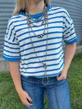 Oversized striped waist length tee - blue