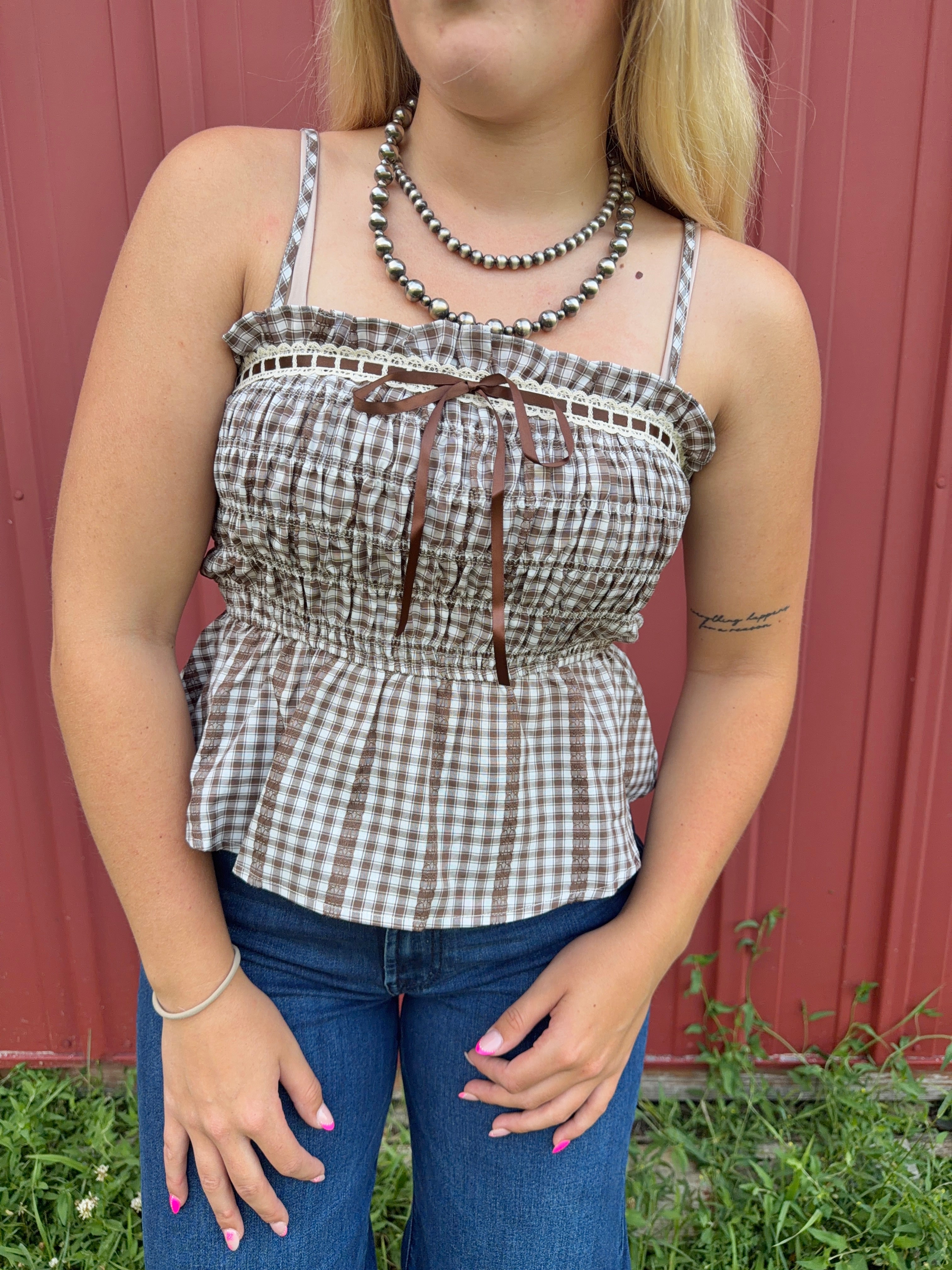 Smocked Gingham Lace Top