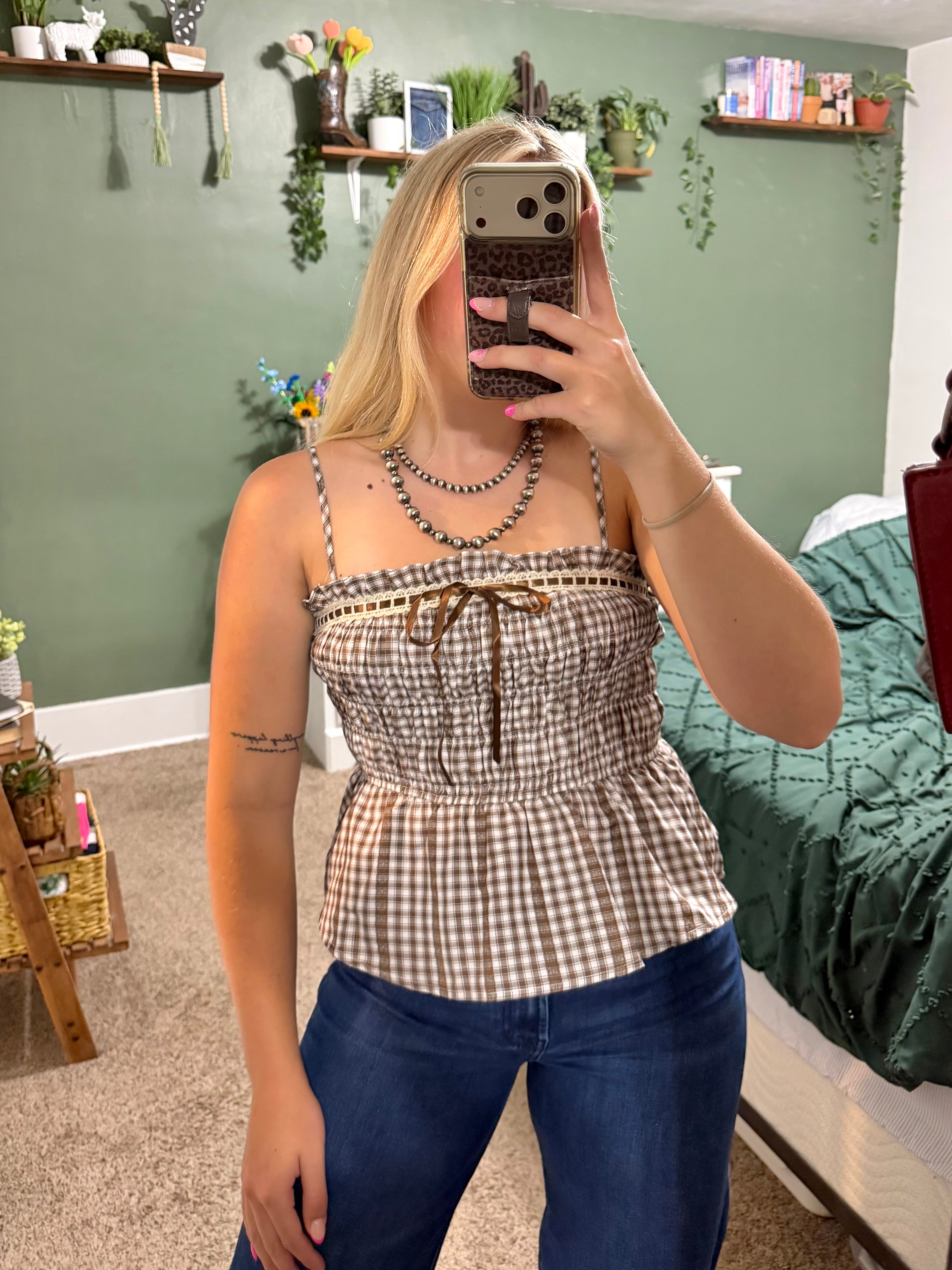 Smocked Gingham Lace Top