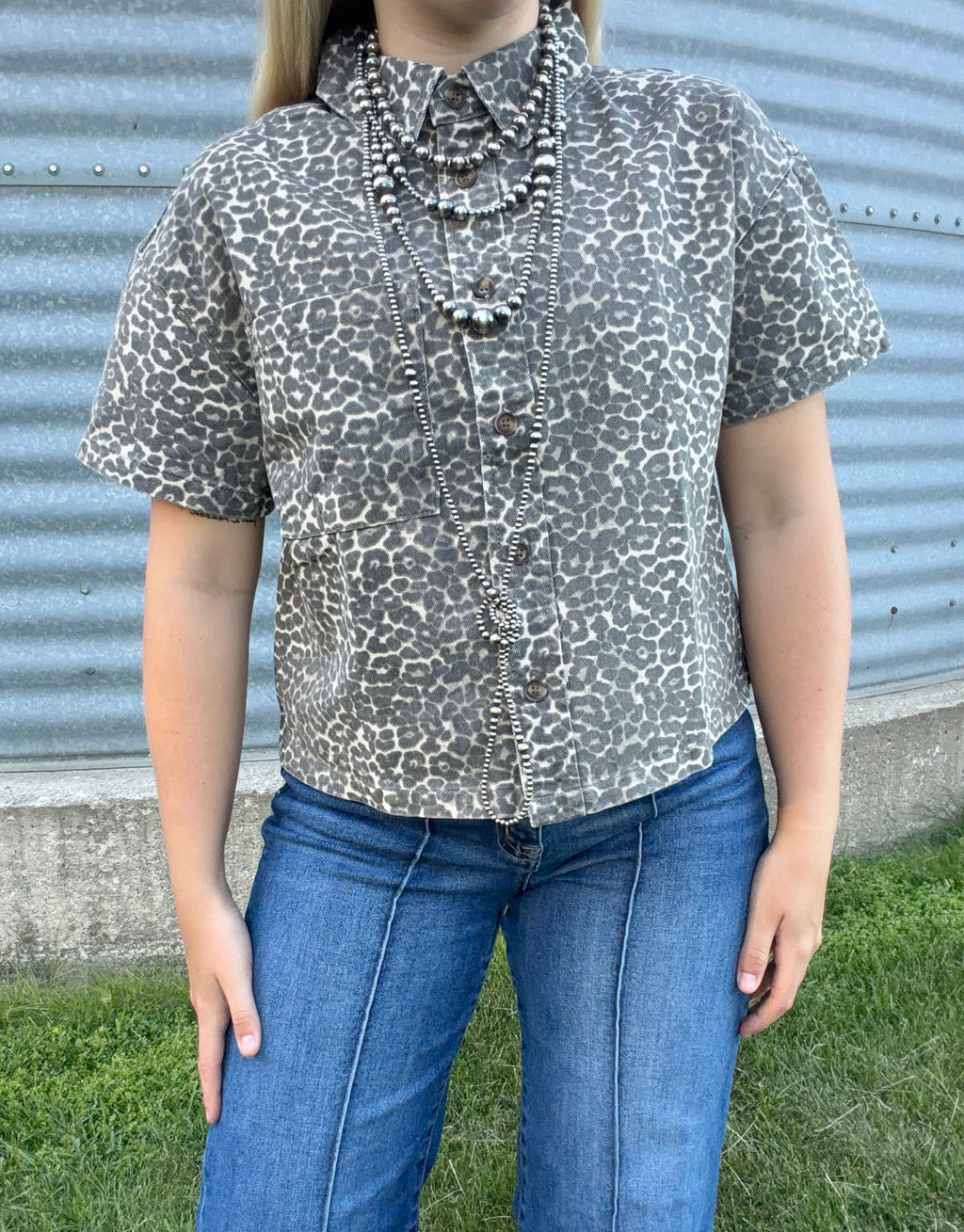 Leopard Denim Short Sleeve Button Cropped Shirt