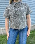 Leopard Denim Short Sleeve Button Cropped Shirt