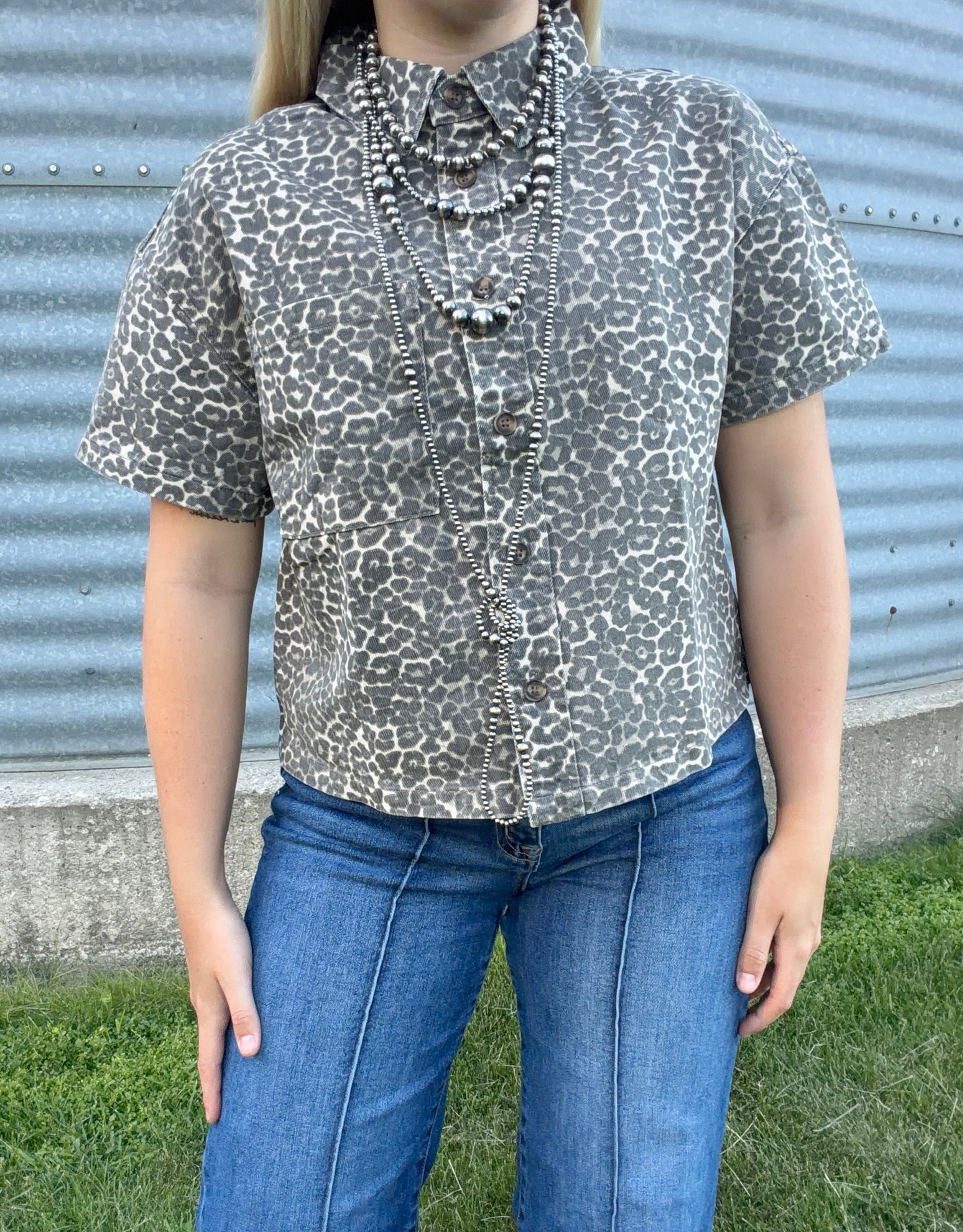Leopard Denim Short Sleeve Button Cropped Shirt