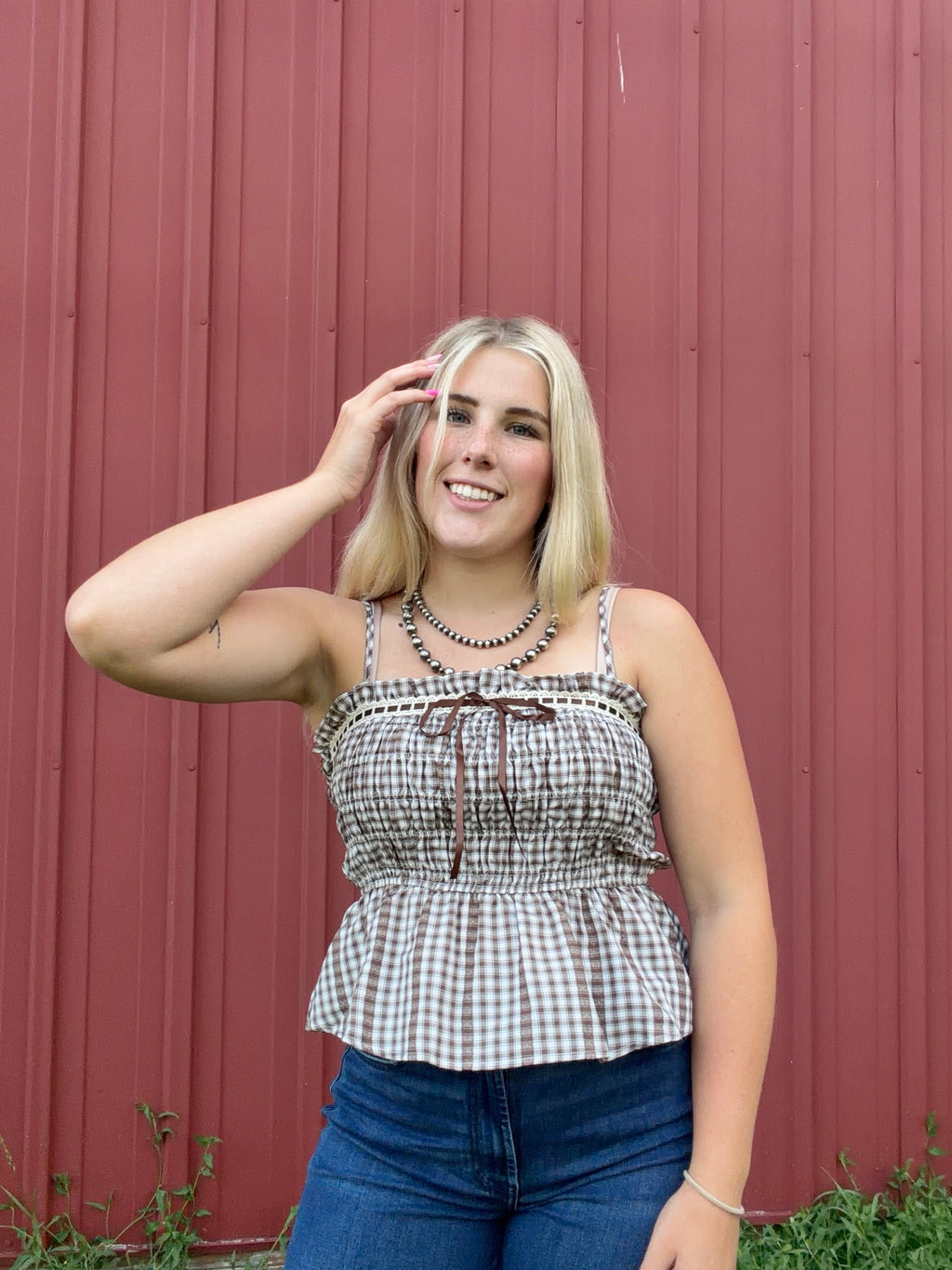 Smocked Gingham Lace Top