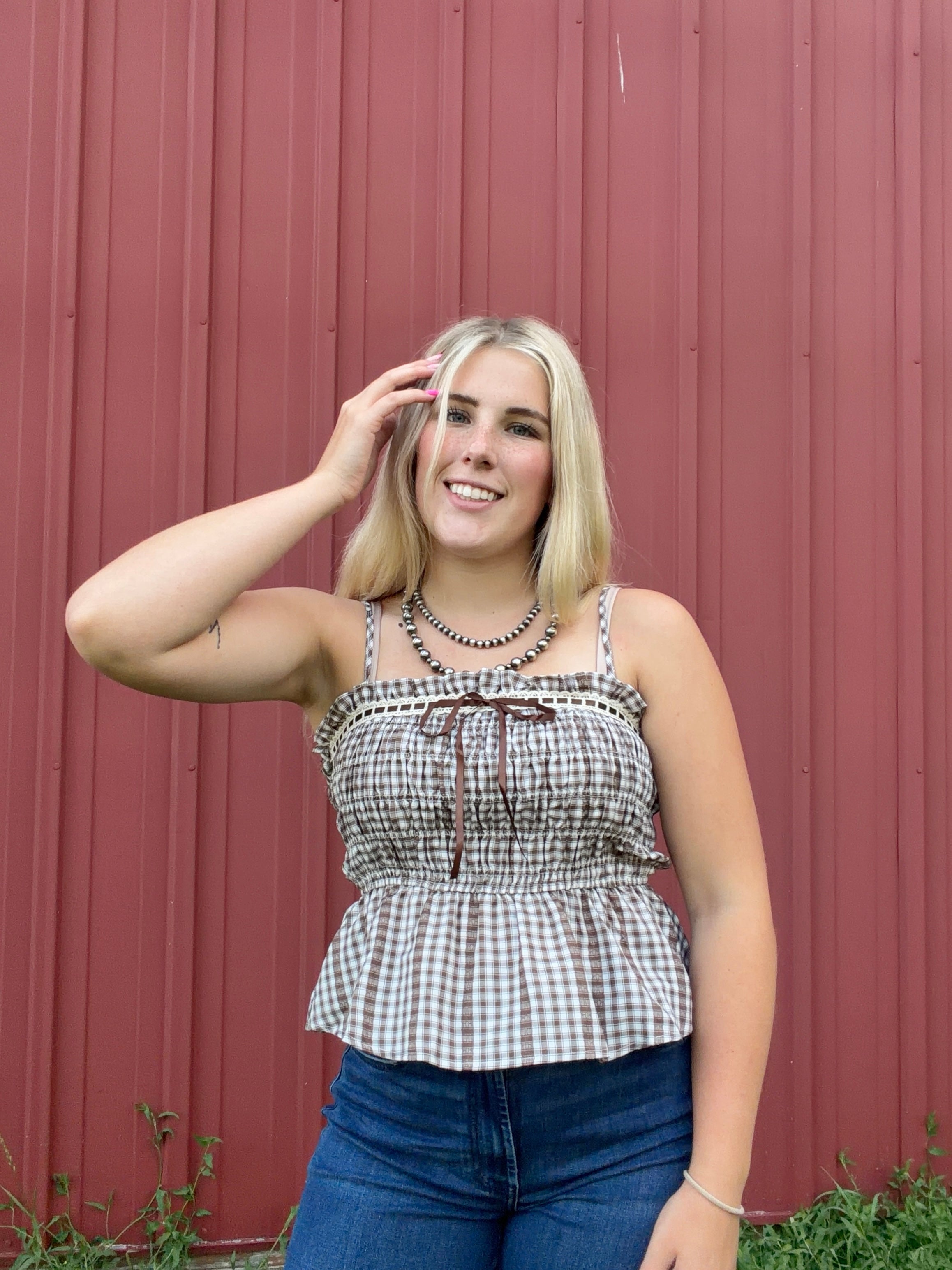 Smocked Gingham Lace Top