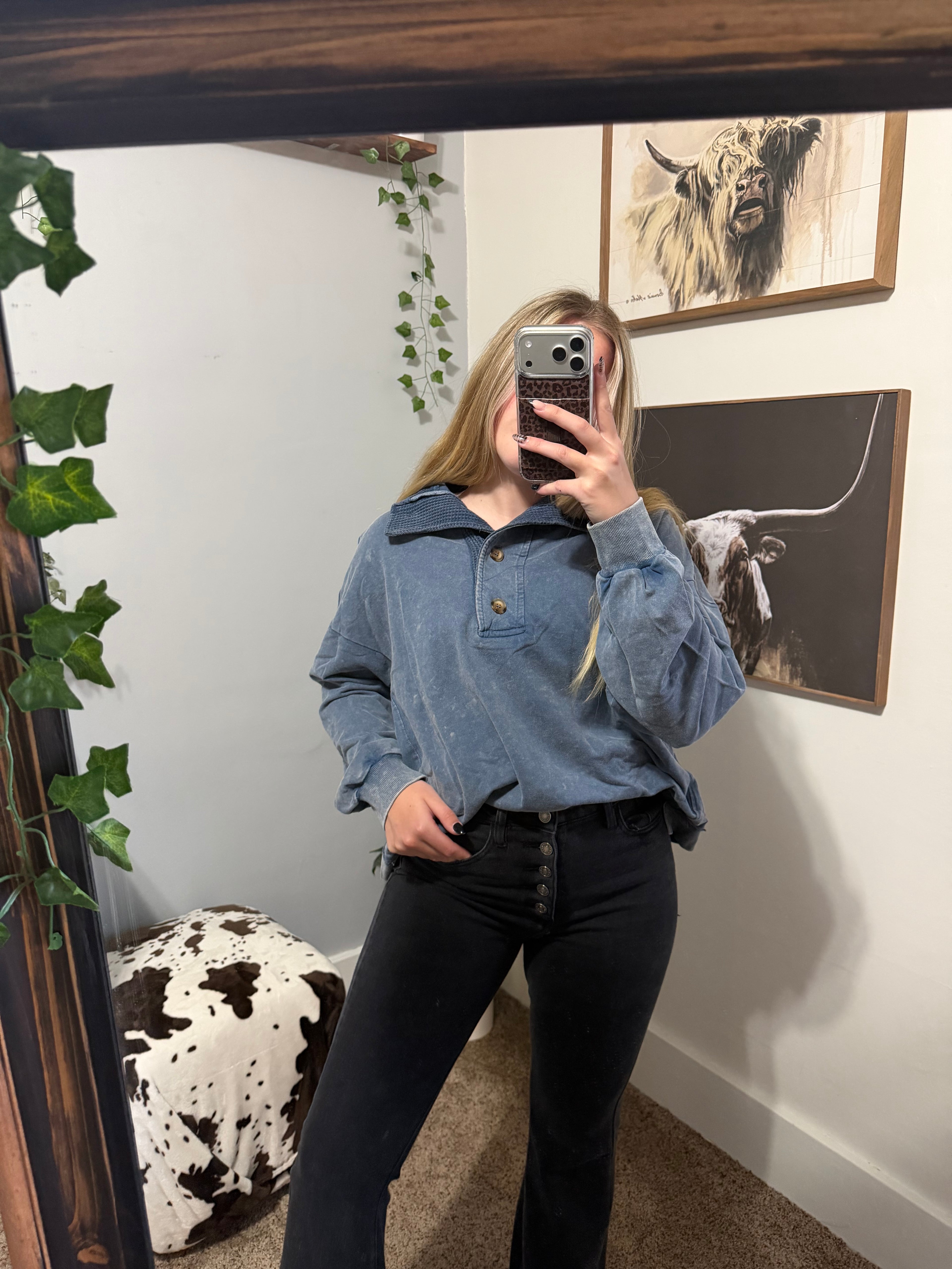 Denim oversized washed mock neck