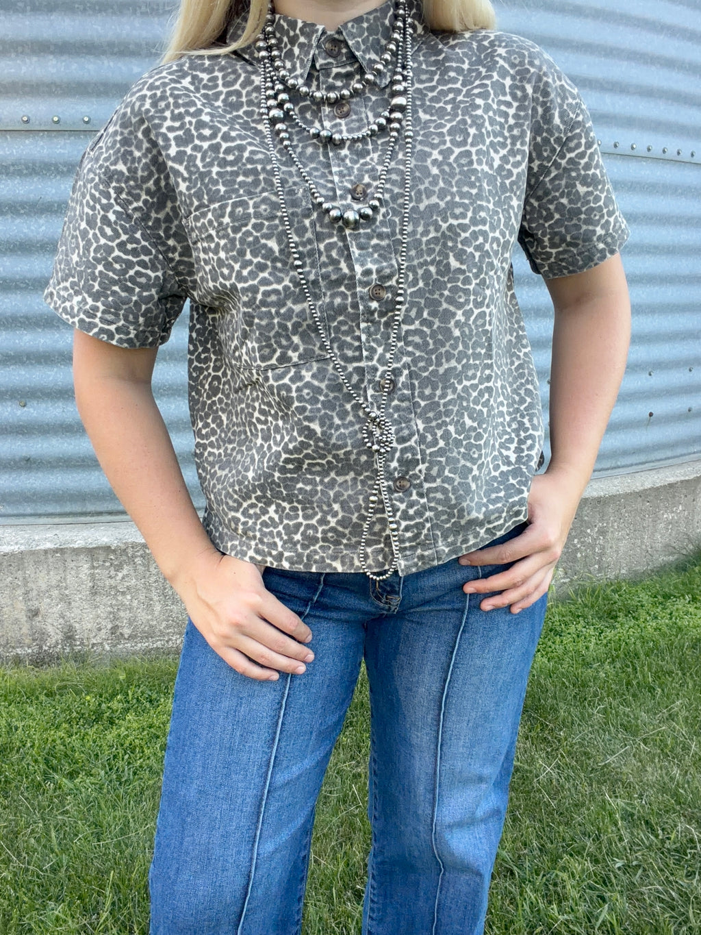 Leopard Denim Short Sleeve Button Cropped Shirt