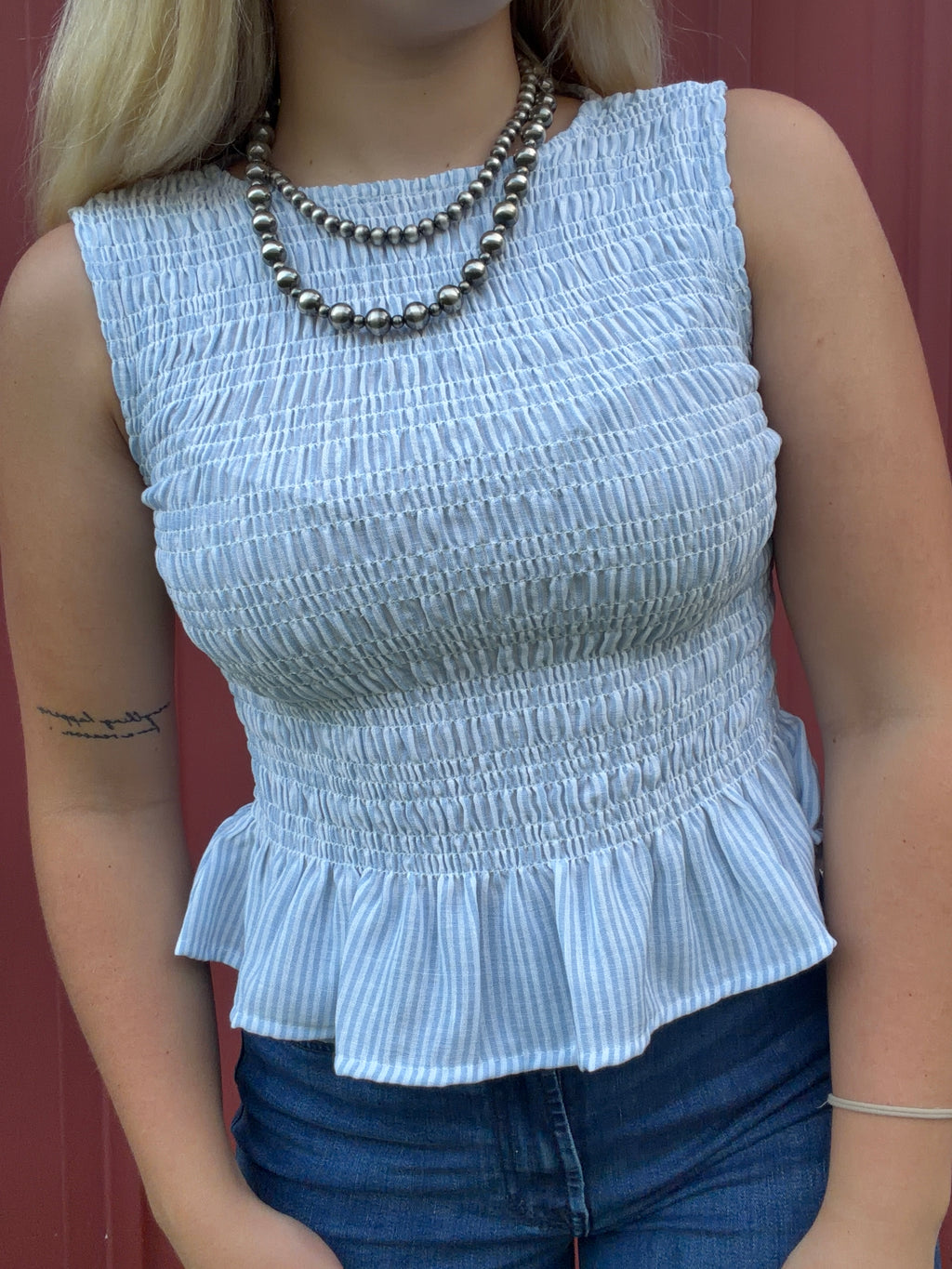 Striped Lgt Blue Smocked Blouse