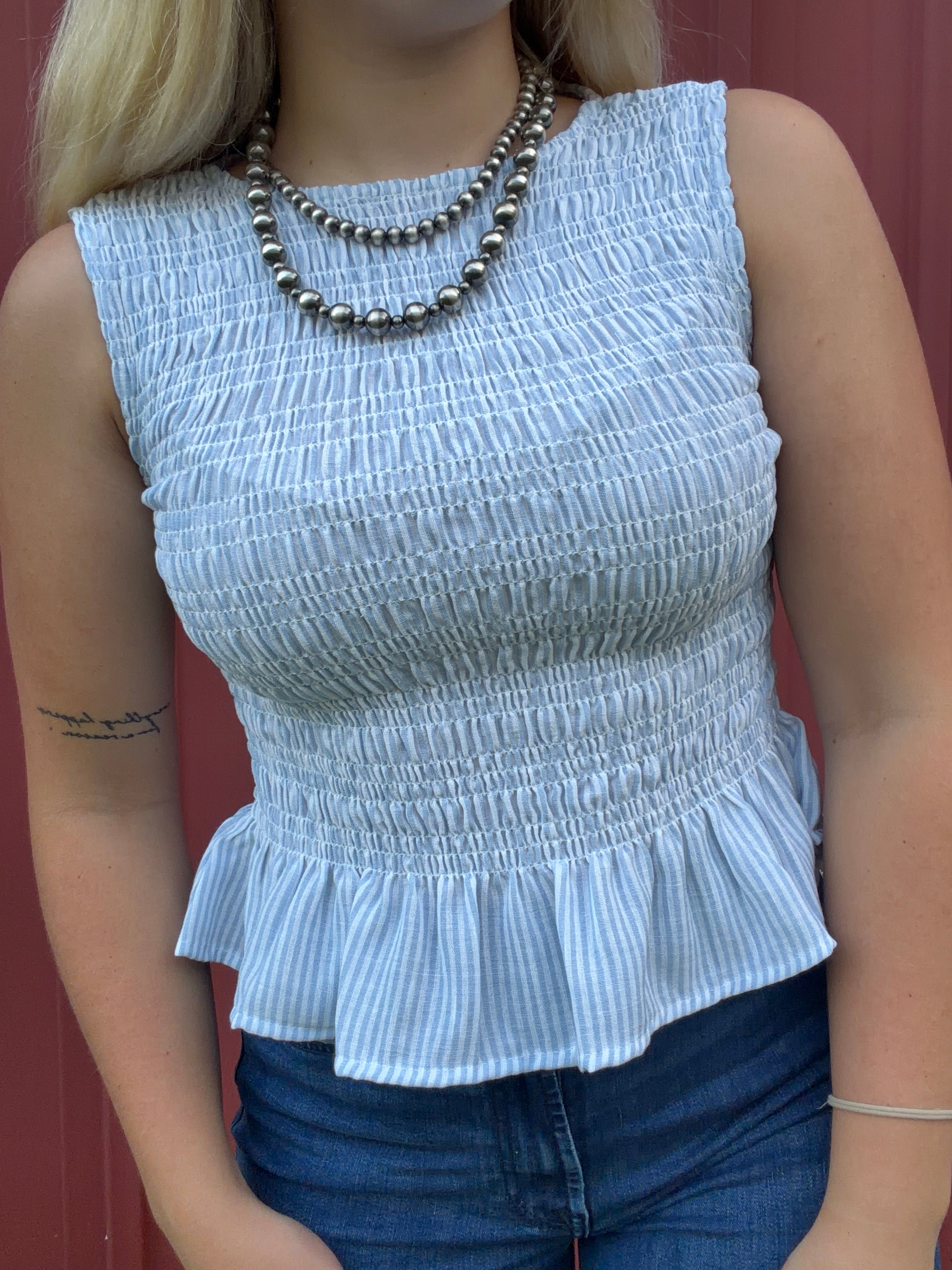 Striped Lgt Blue Smocked Blouse