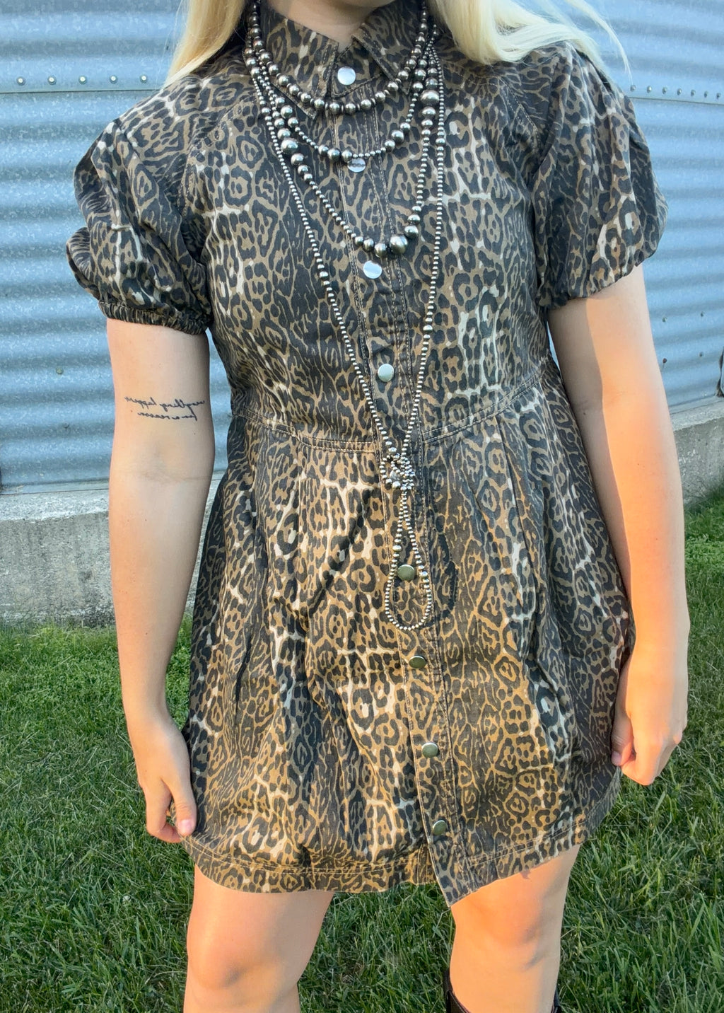Leopard Denim Pleated Mini Dress