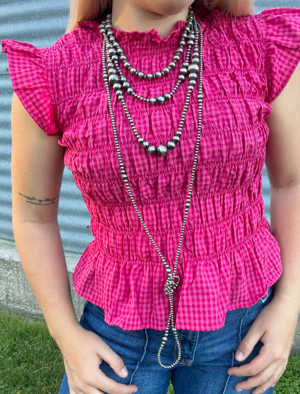Gingham Plaid Shirred Tank Top
