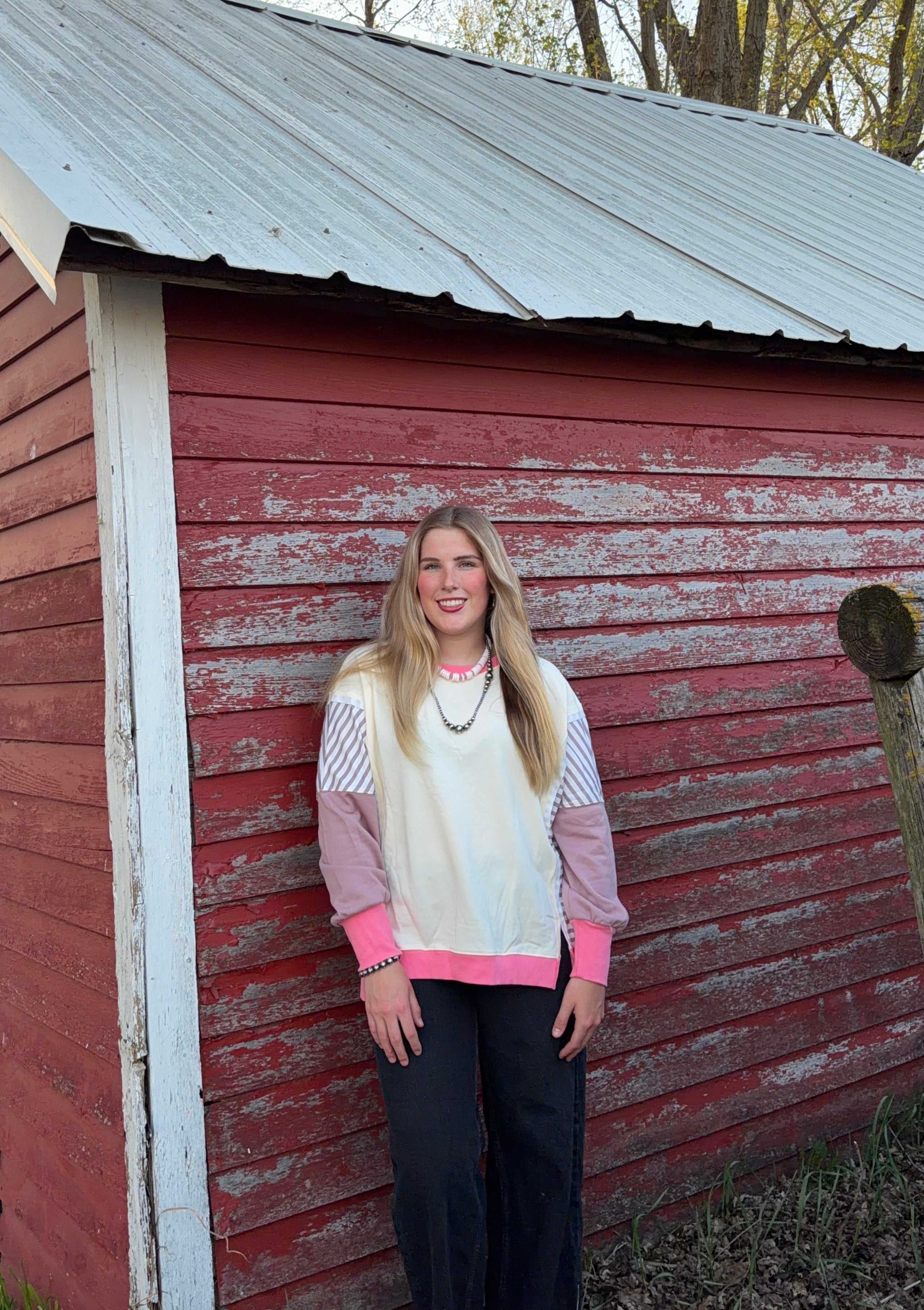 Pink patchwork blocked sweatshirt