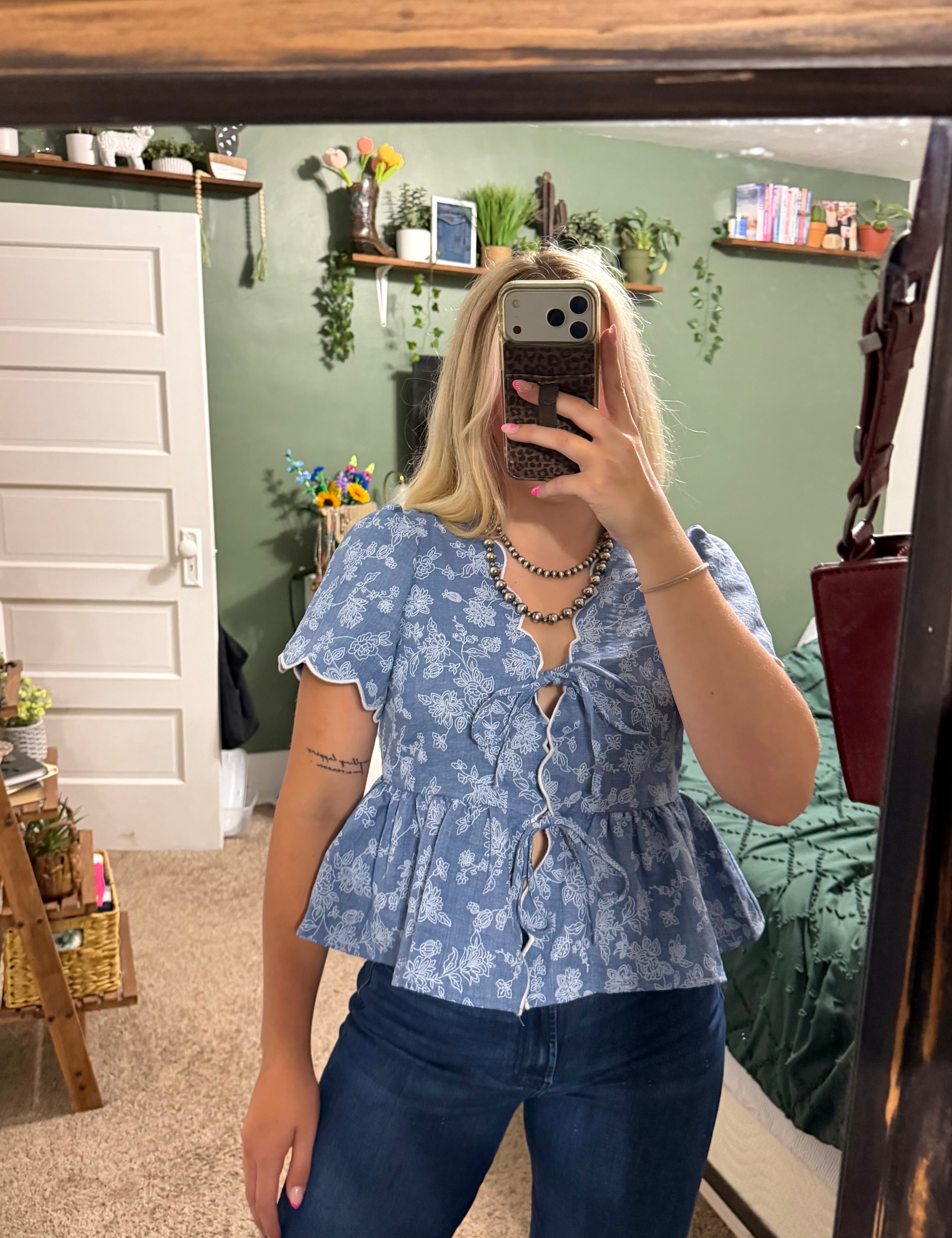 Floral Emboridory Scalloped Denim Top
