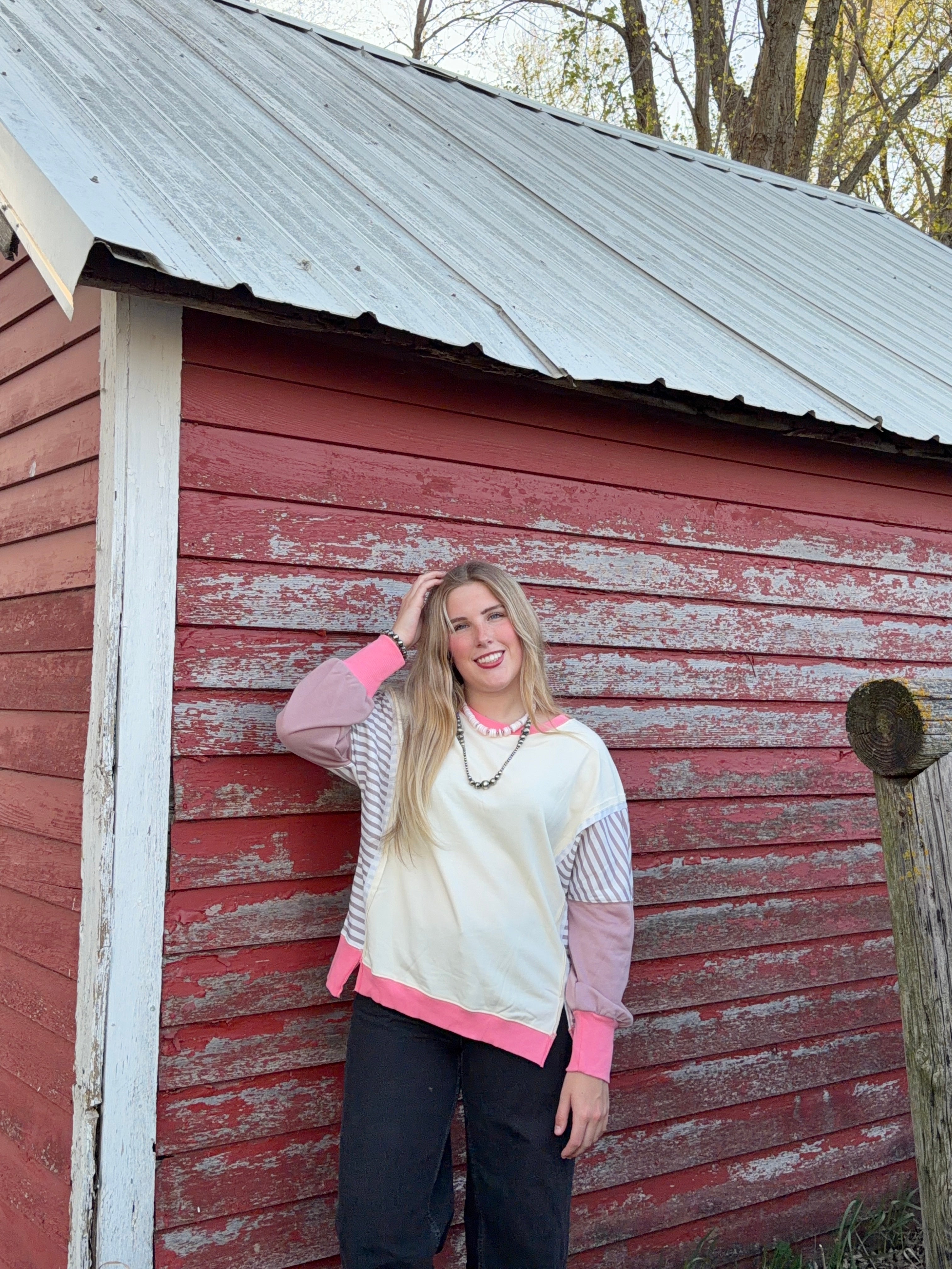Pink patchwork blocked sweatshirt
