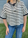 Oversized striped waist length tee - black
