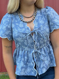 Floral Emboridory Scalloped Denim Top