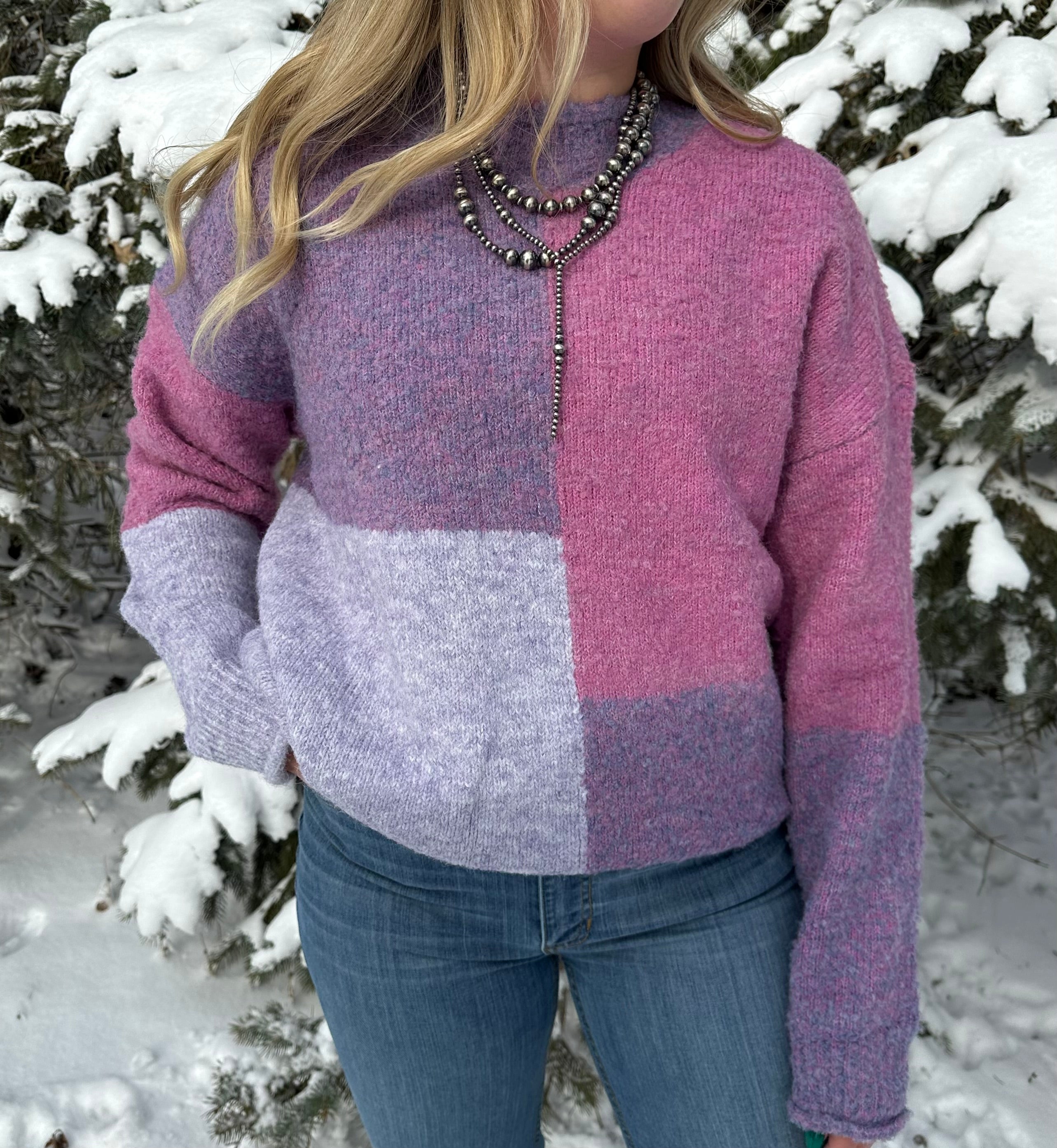 Purple and pink color block oversized sweater