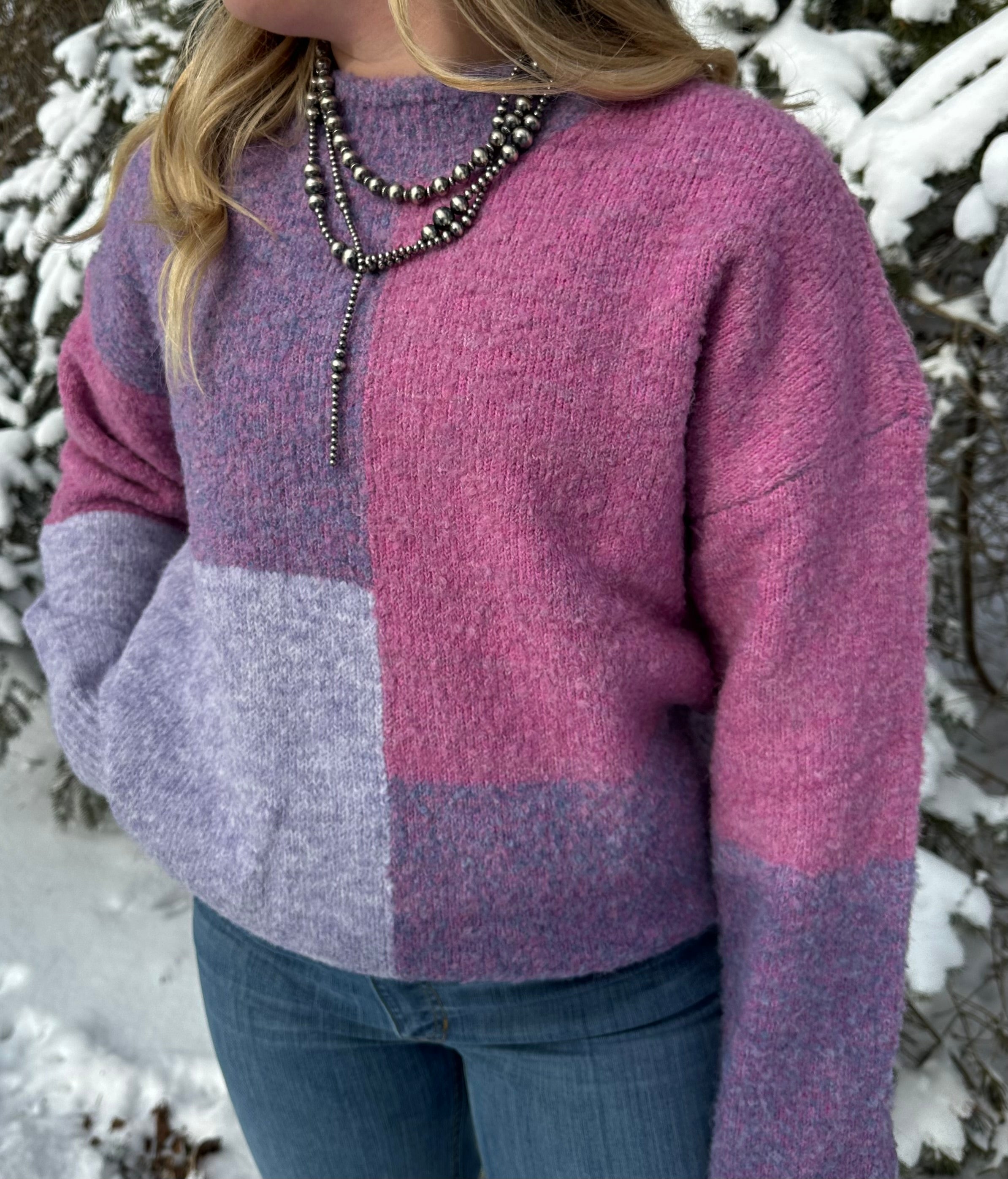 Purple and pink color block oversized sweater