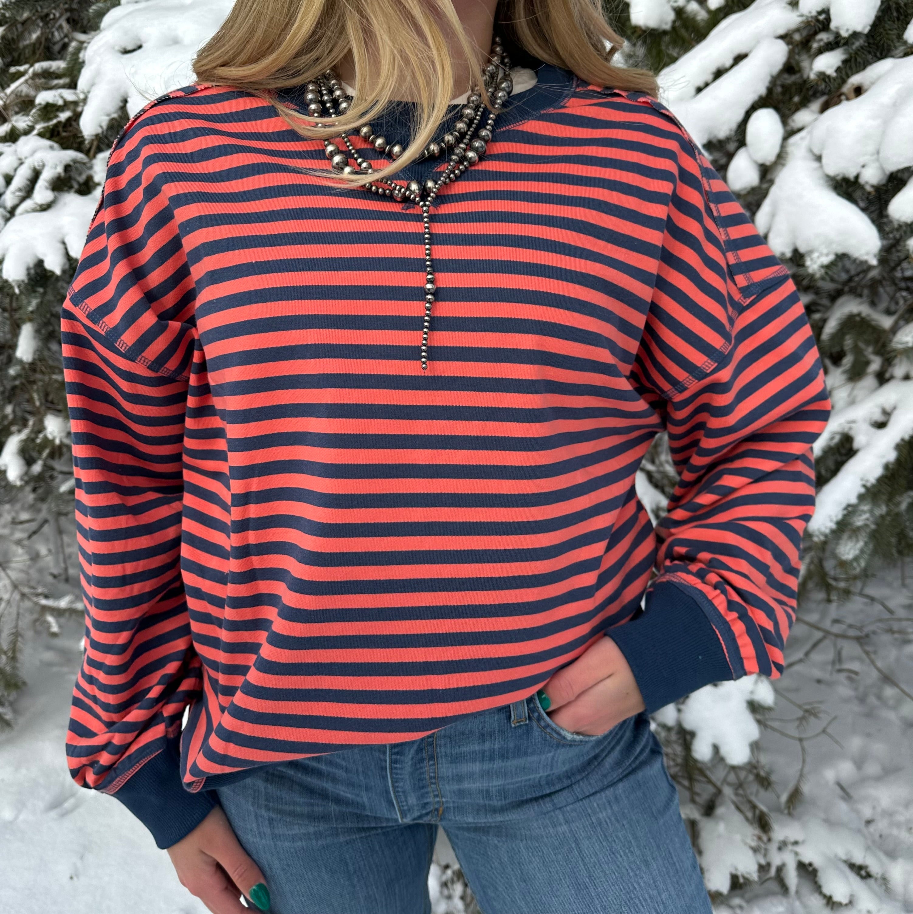 Navy and pink striped oversized sweater