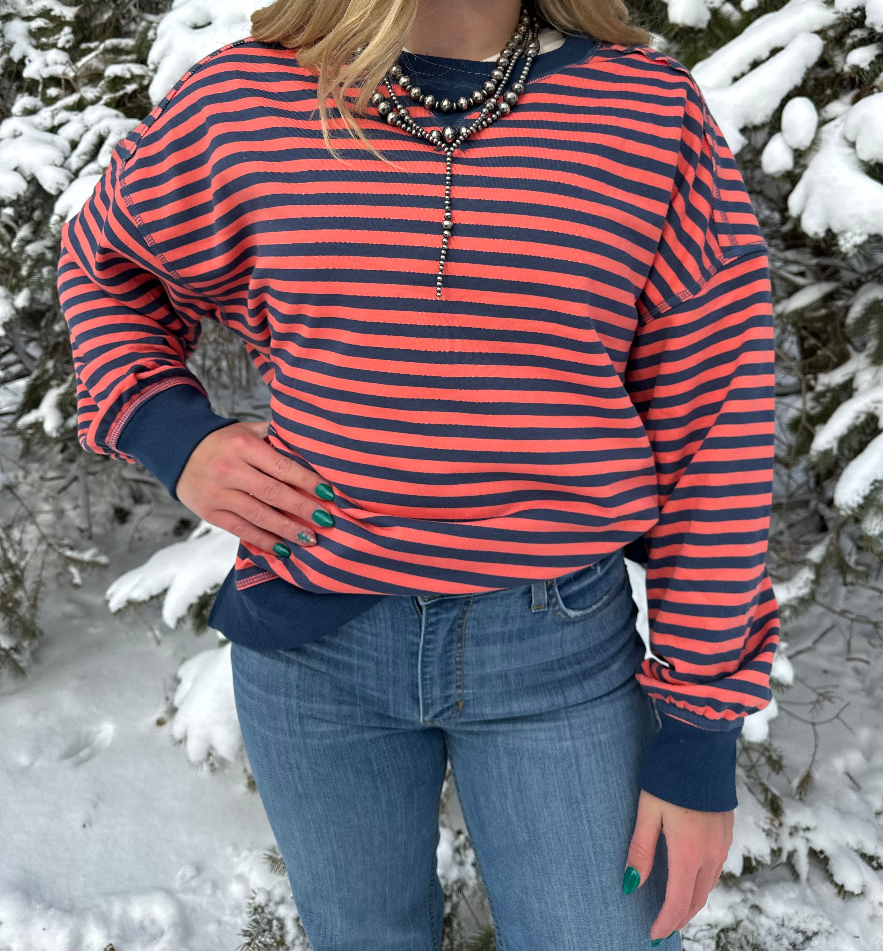 Navy and pink striped oversized sweater