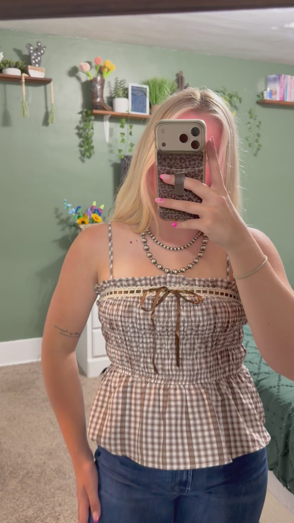 Smocked Gingham Lace Top