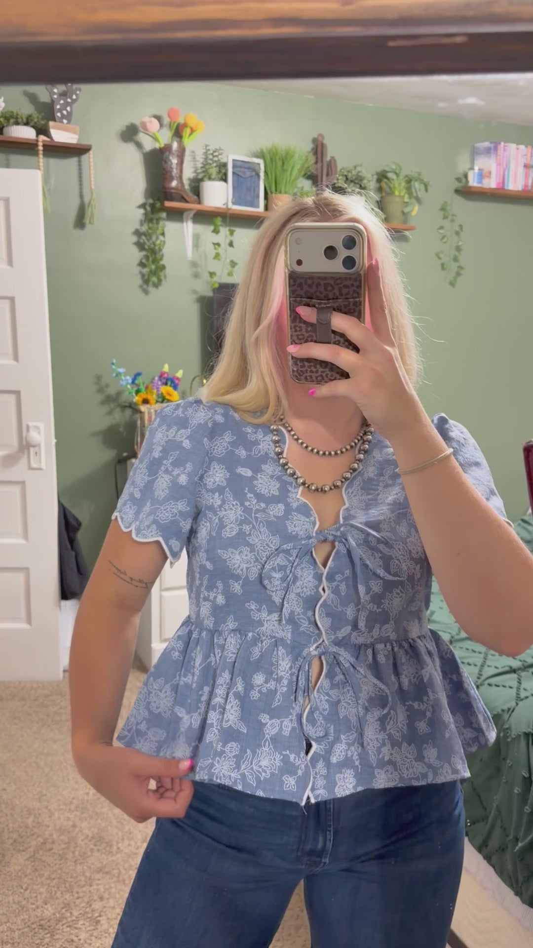Floral Emboridory Scalloped Denim Top
